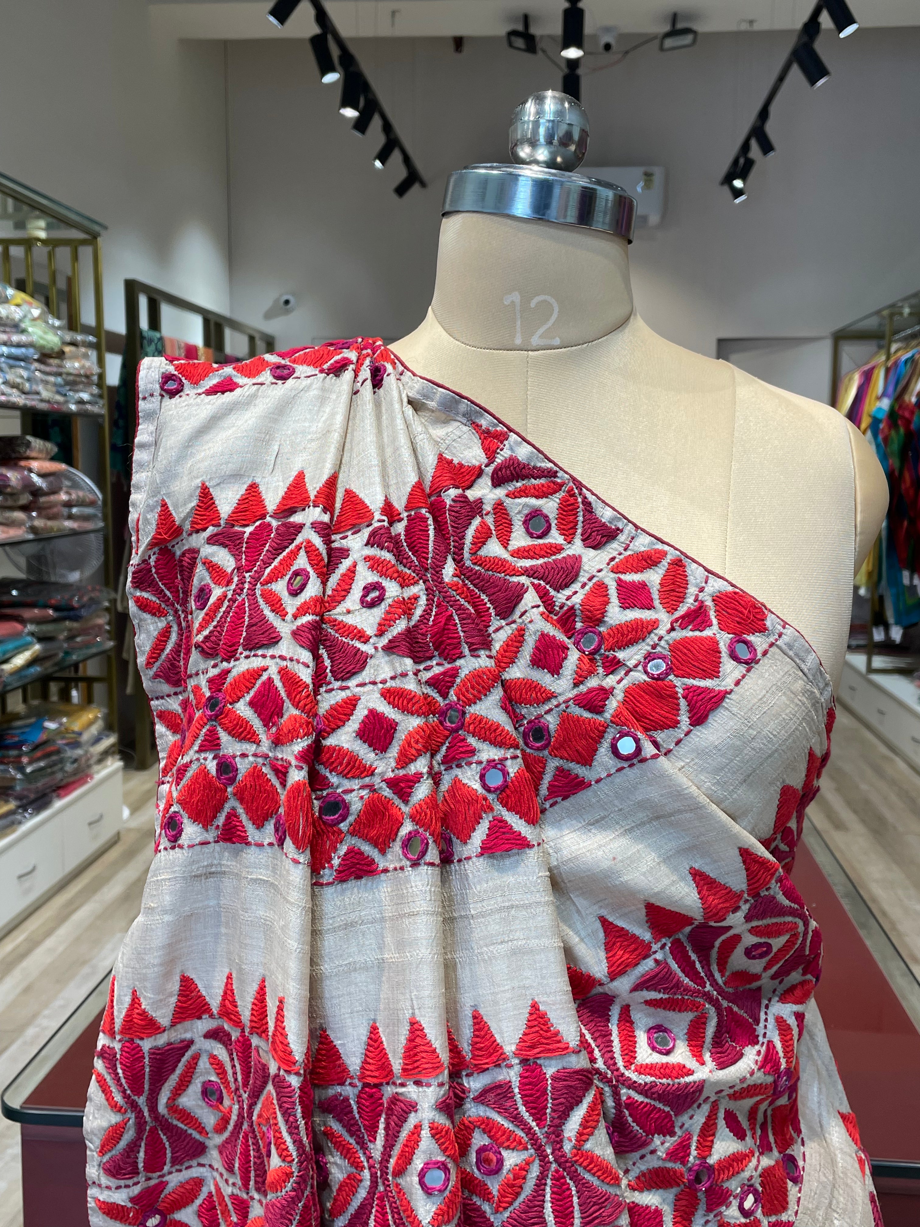 Pure tussur silk saree with kathiyawadi handwork (WR)