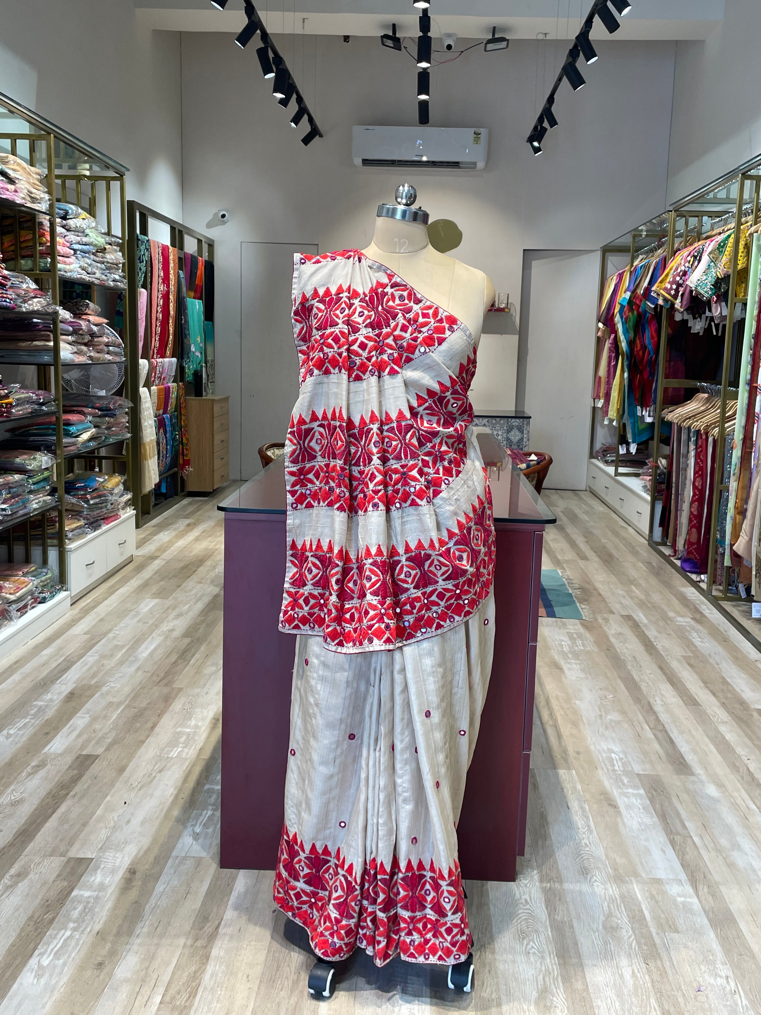 Pure tussur silk saree with kathiyawadi handwork (WR)