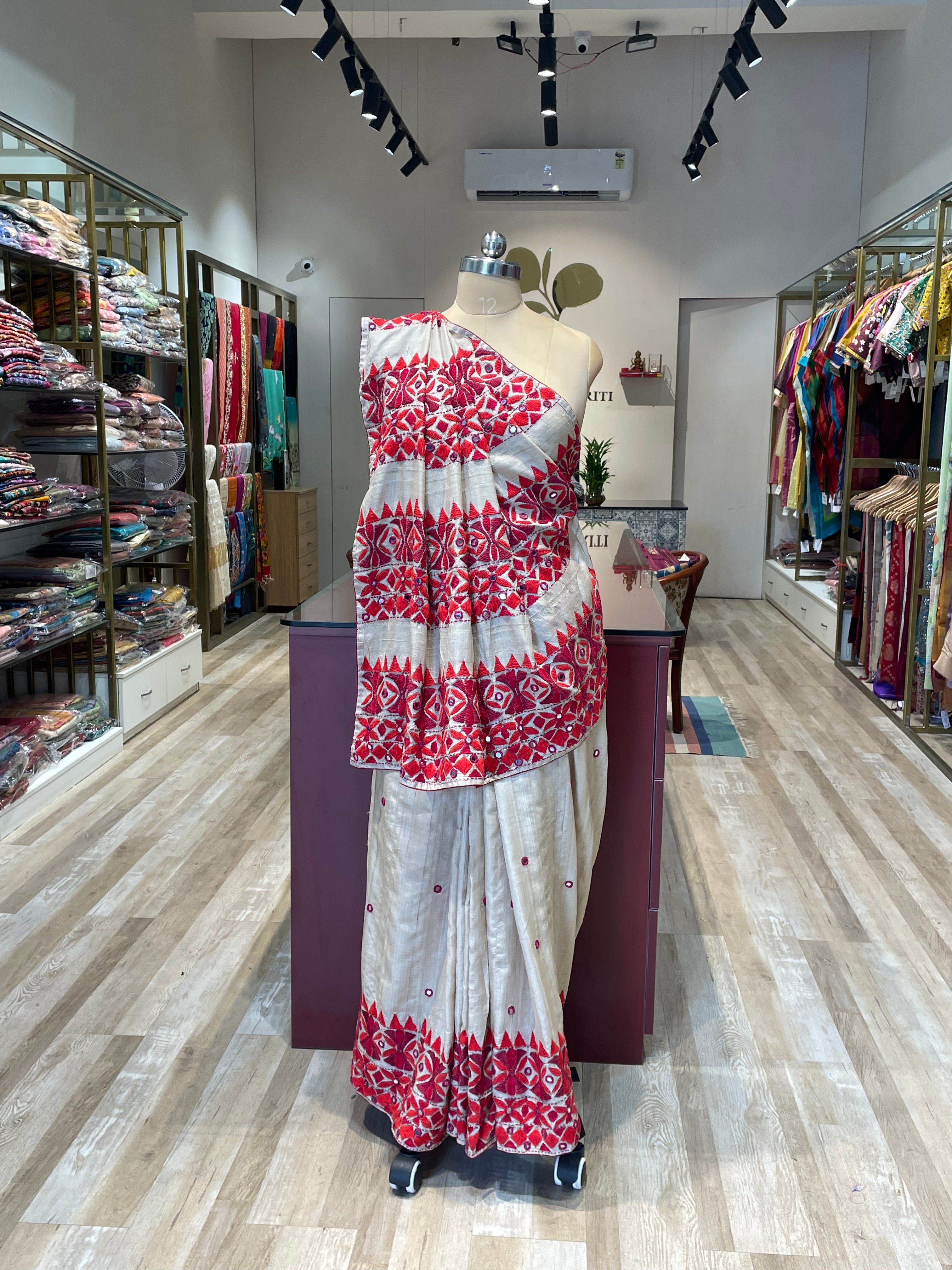 Pure tussur silk saree with kathiyawadi handwork (WR)