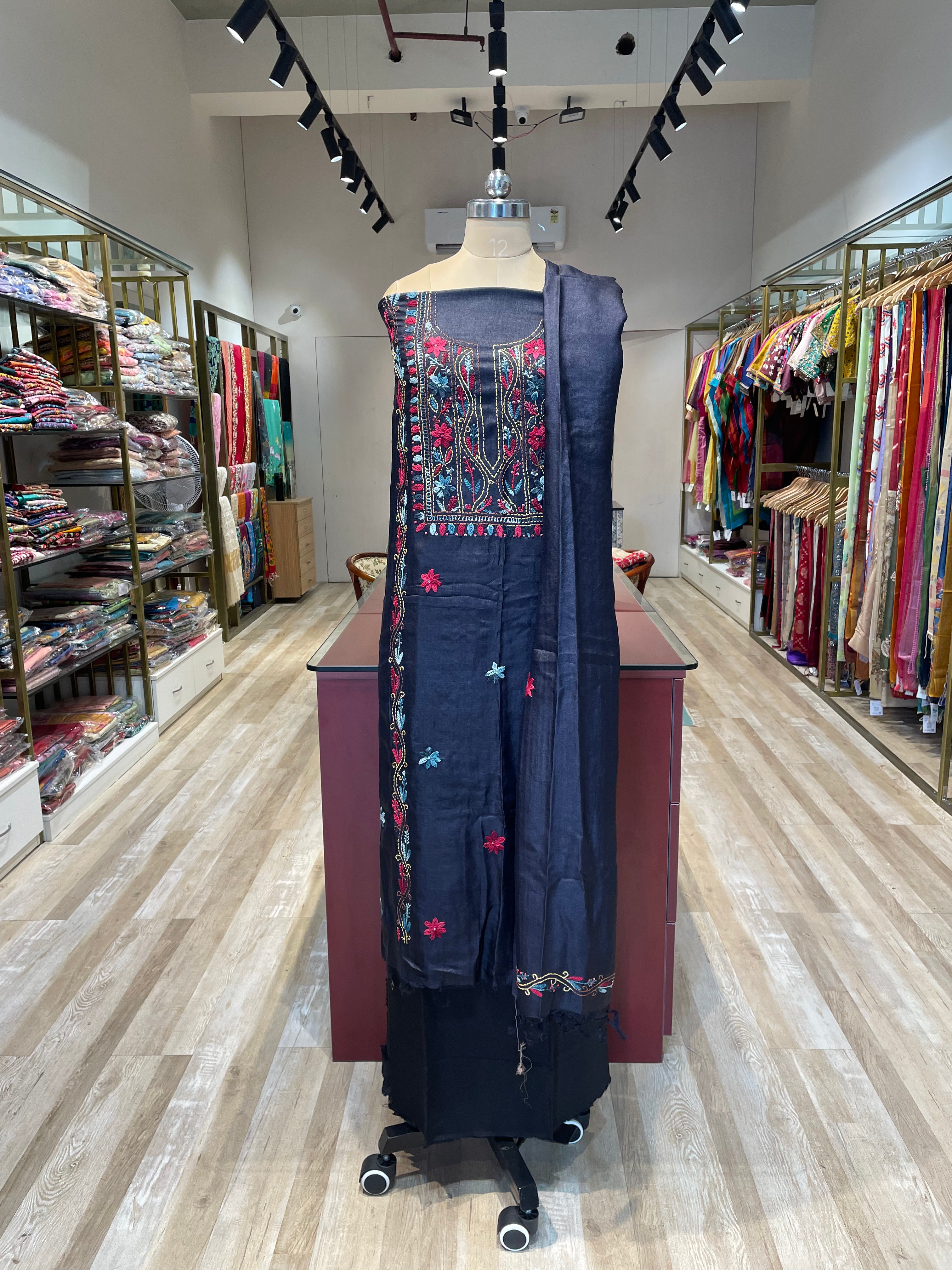 Pure tussar silk thread work dress material (N)