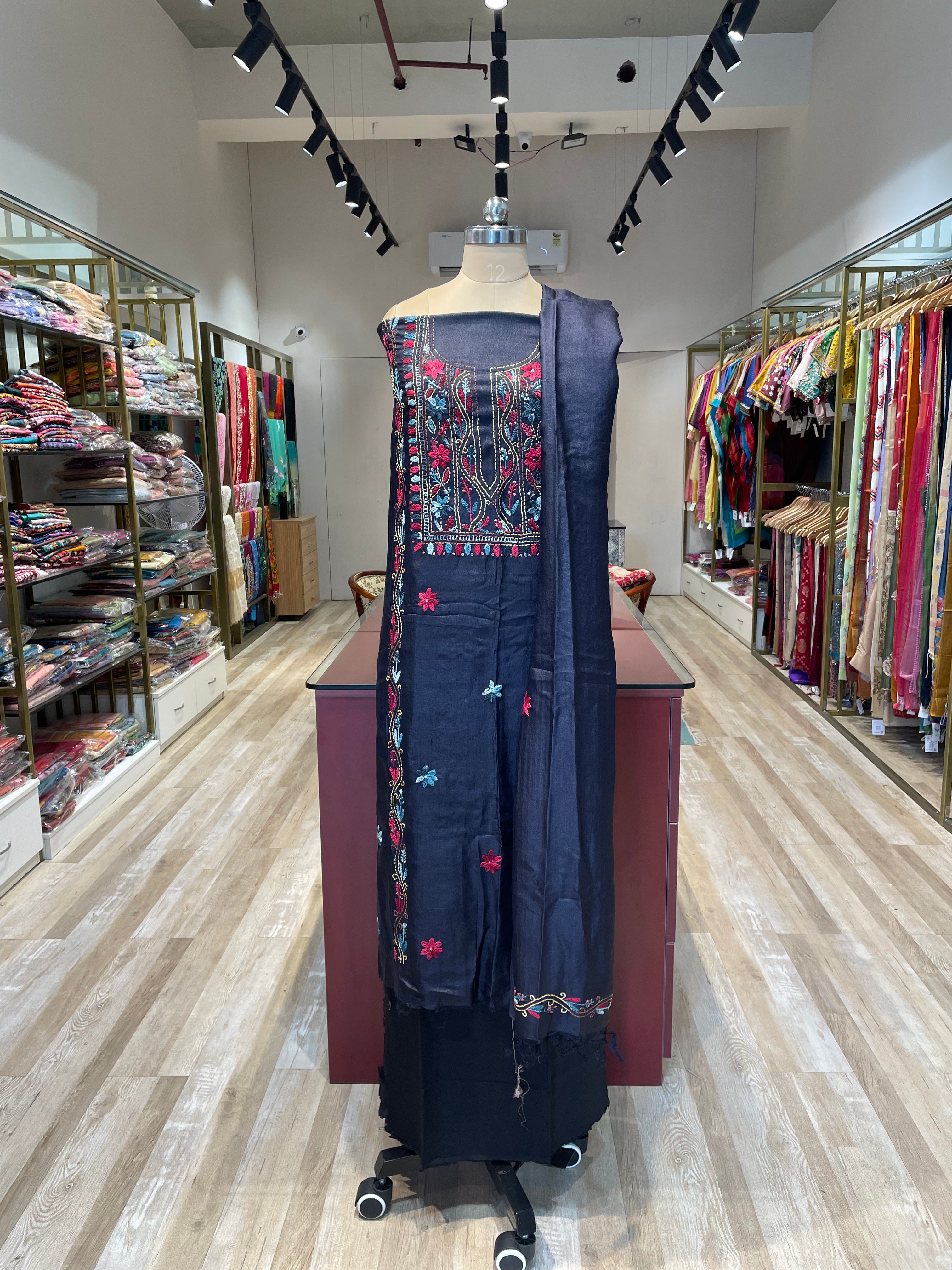 Pure tussar silk thread work dress material (N)