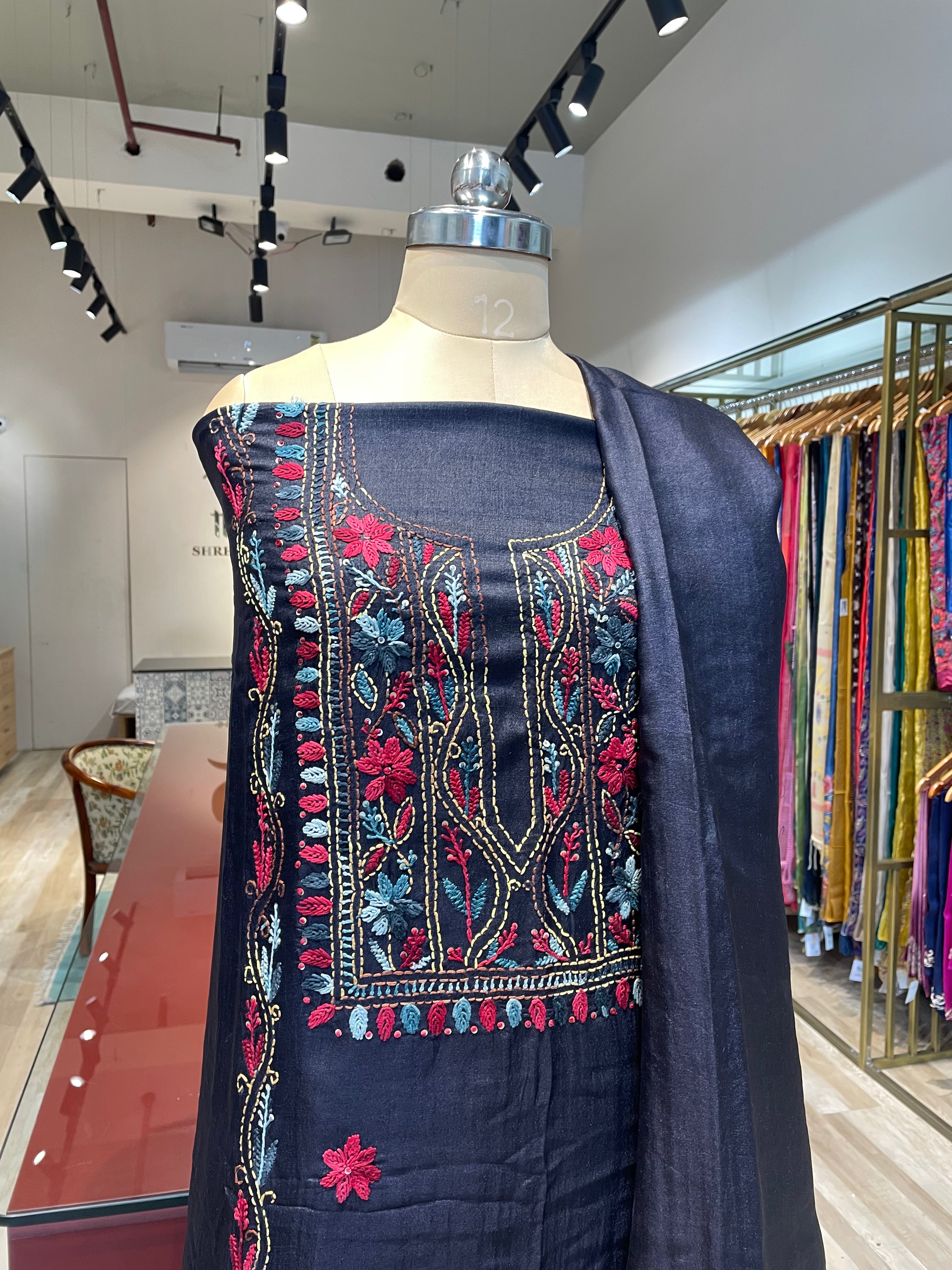 Pure tussar silk thread work dress material (N)