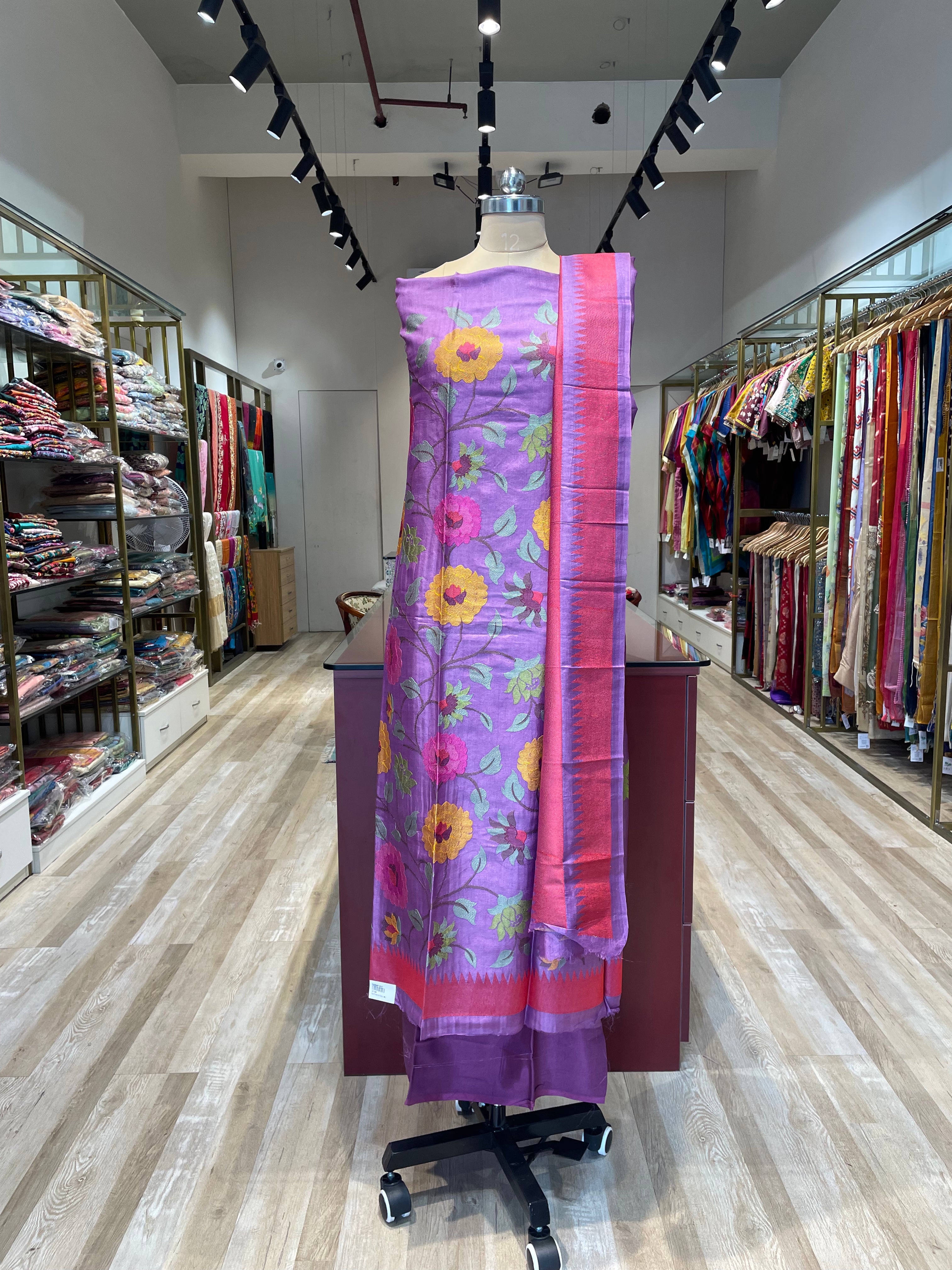 Pure tussar silk thread work dress material (P)