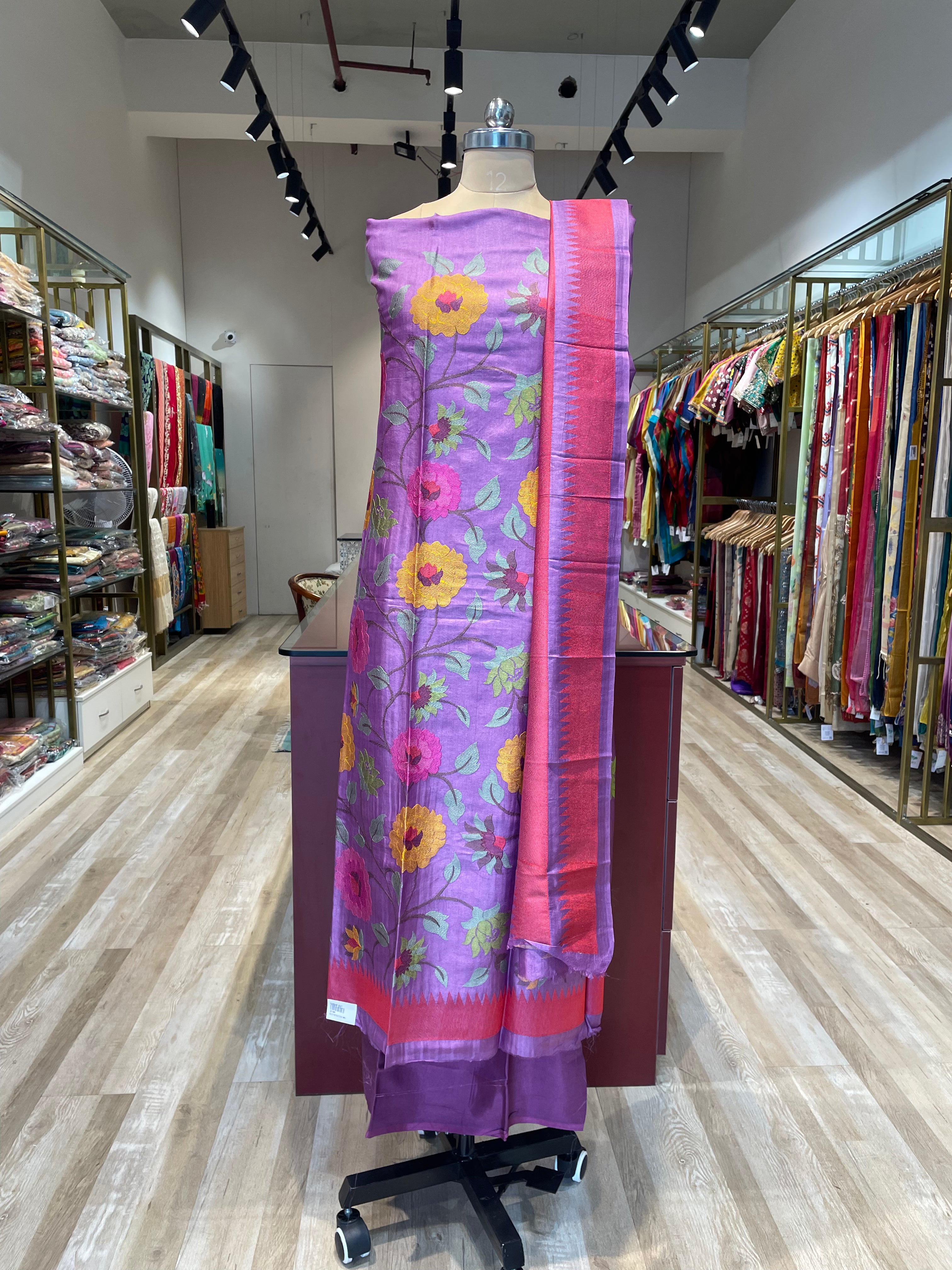 Pure tussar silk thread work dress material (P)