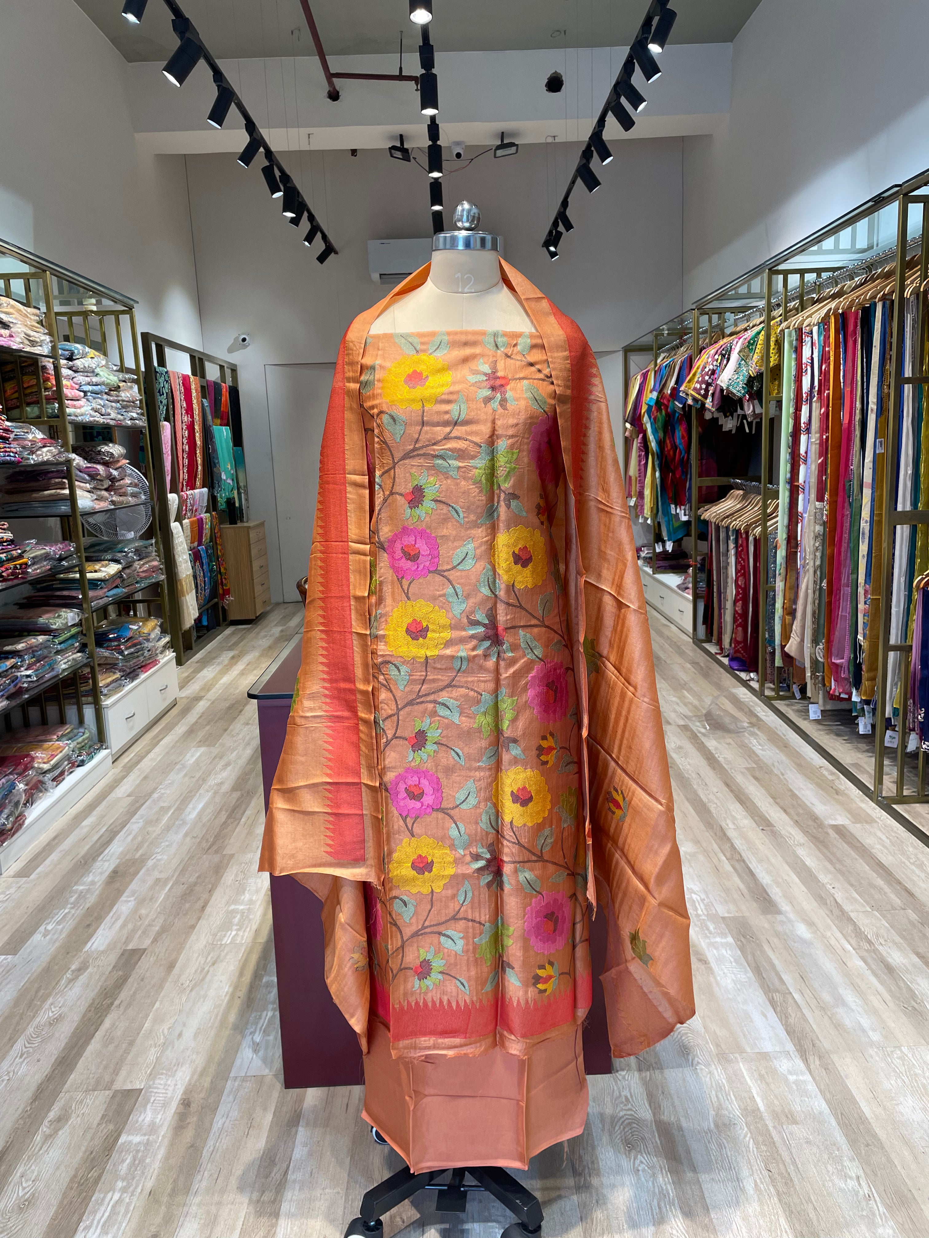 tussar silk dress material Rust Colour Tussar Silk Unstitched Suit Material. Meena Bazaar Shop