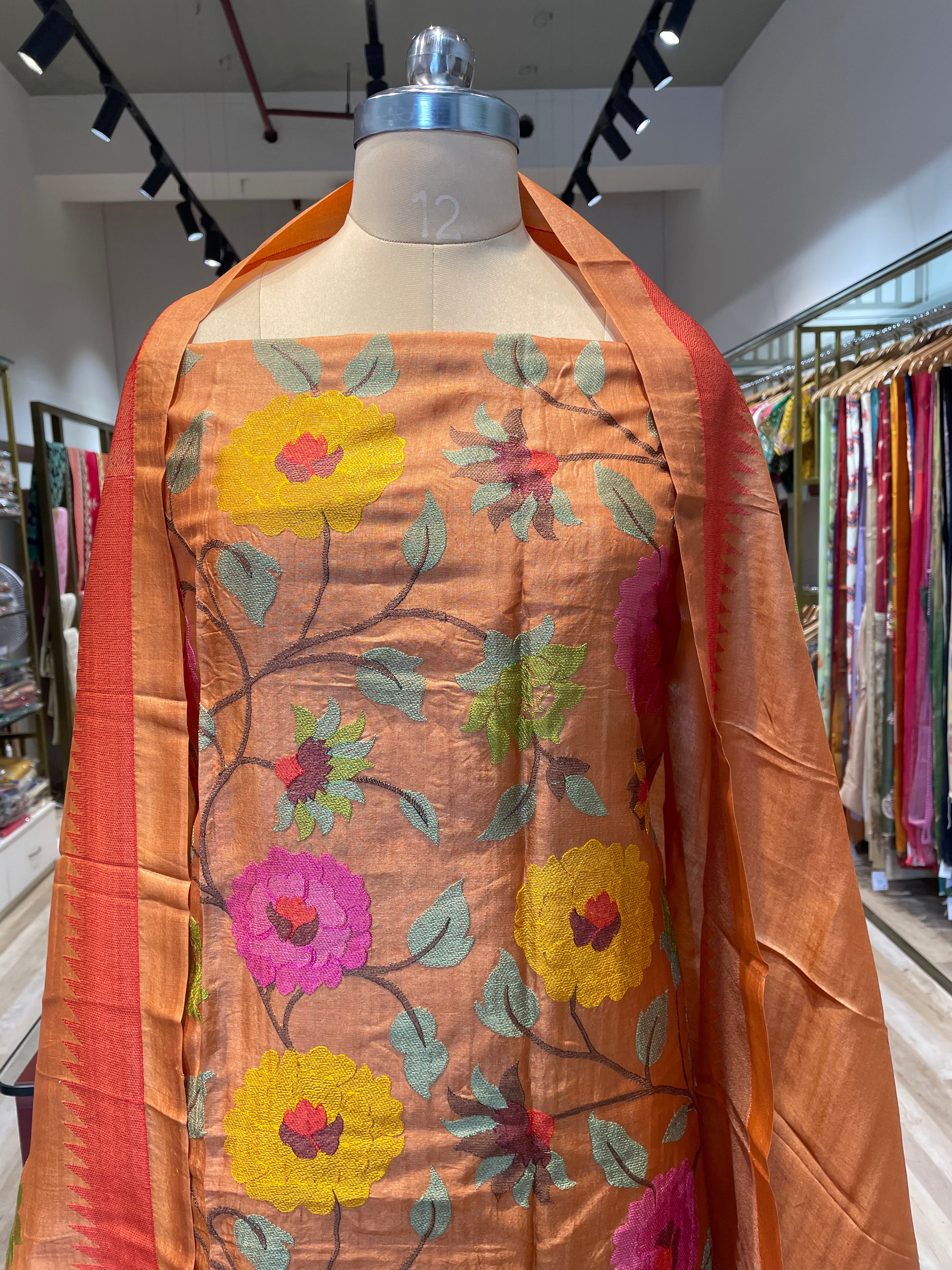Pure tussar silk thread work dress material (O)
