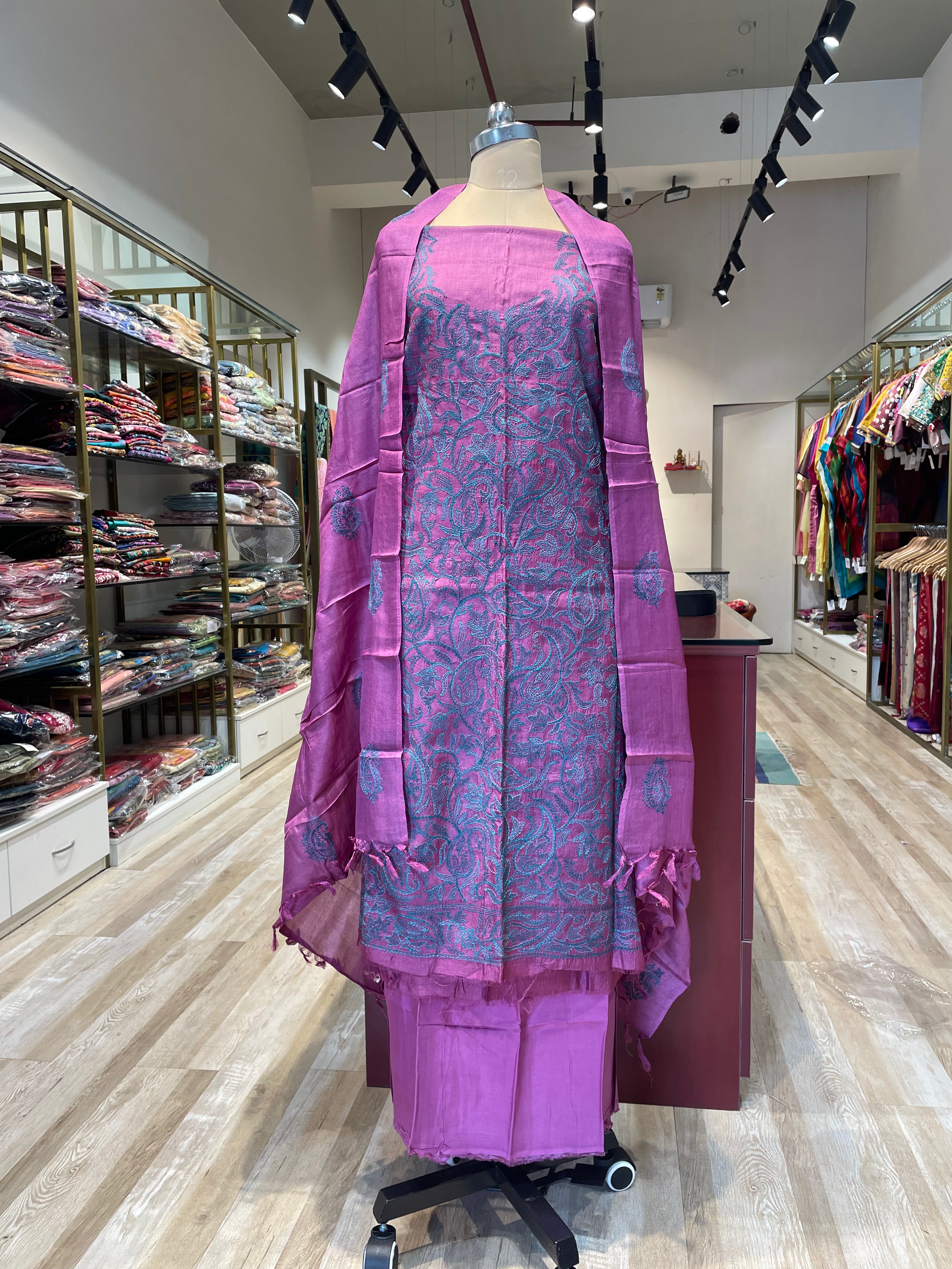 Pure tussar silk kantha work dress material (P)