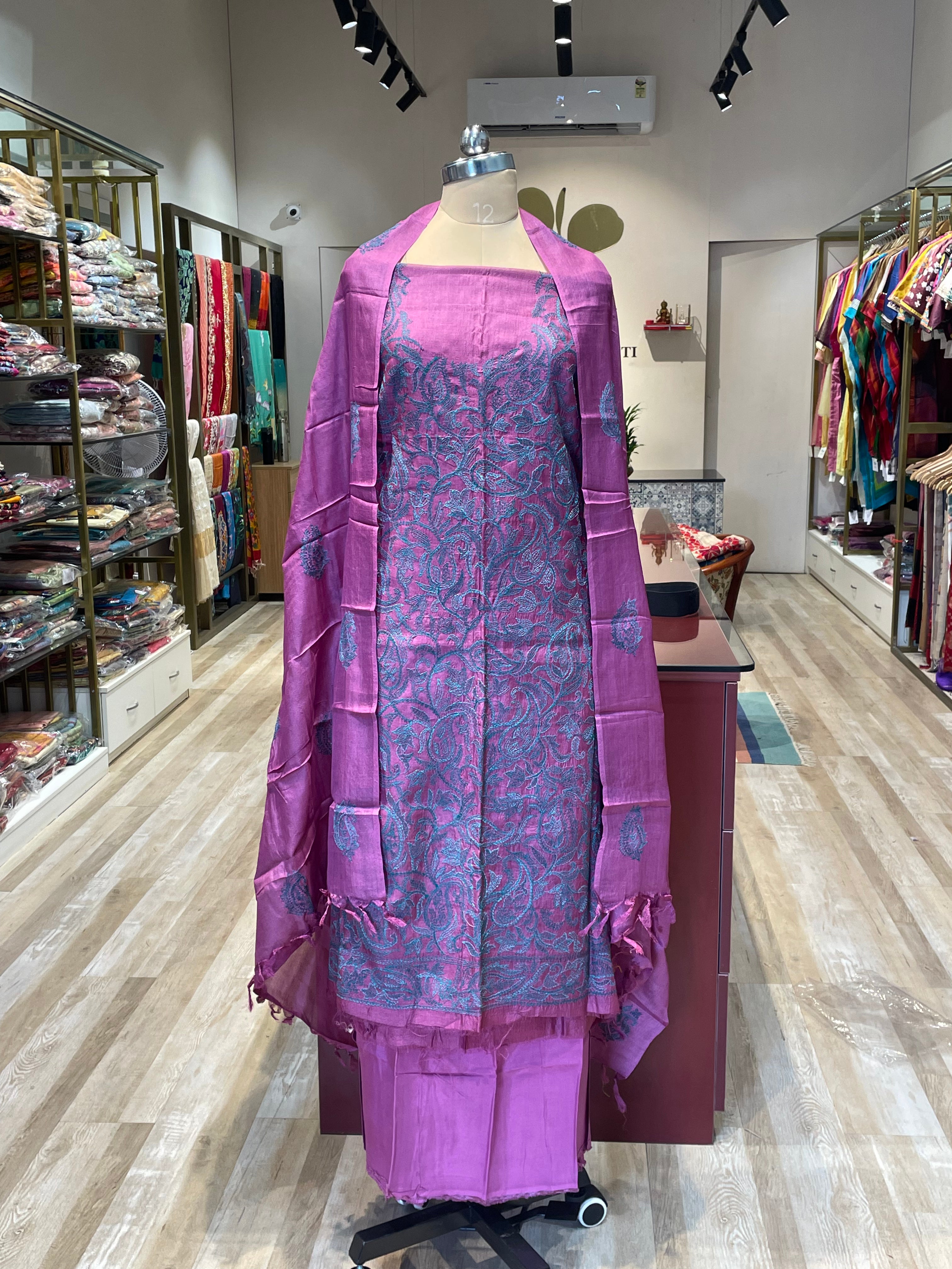 Pure tussur silk katha work dress