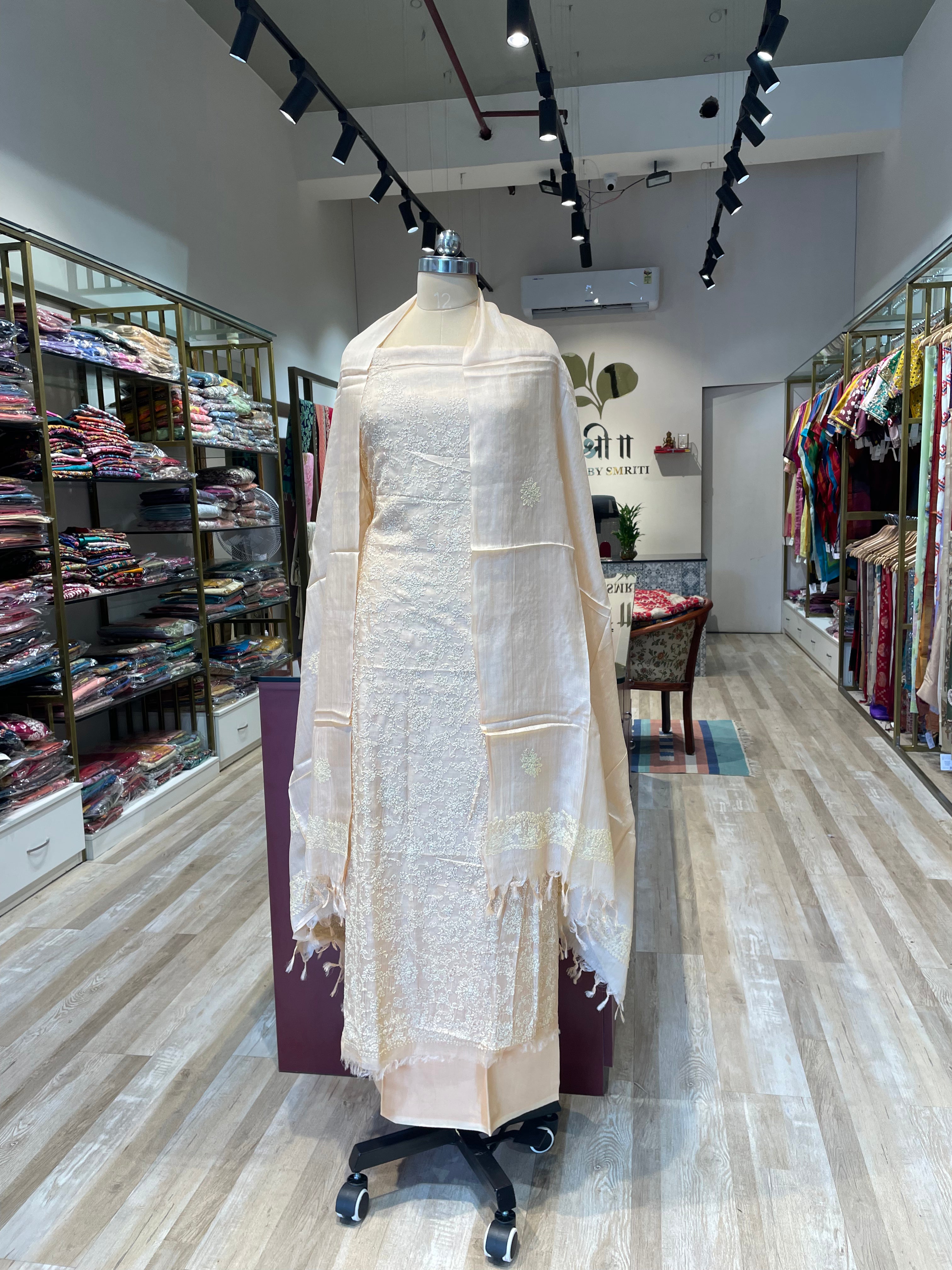 Pure tussar silk kantha work dress material (C)