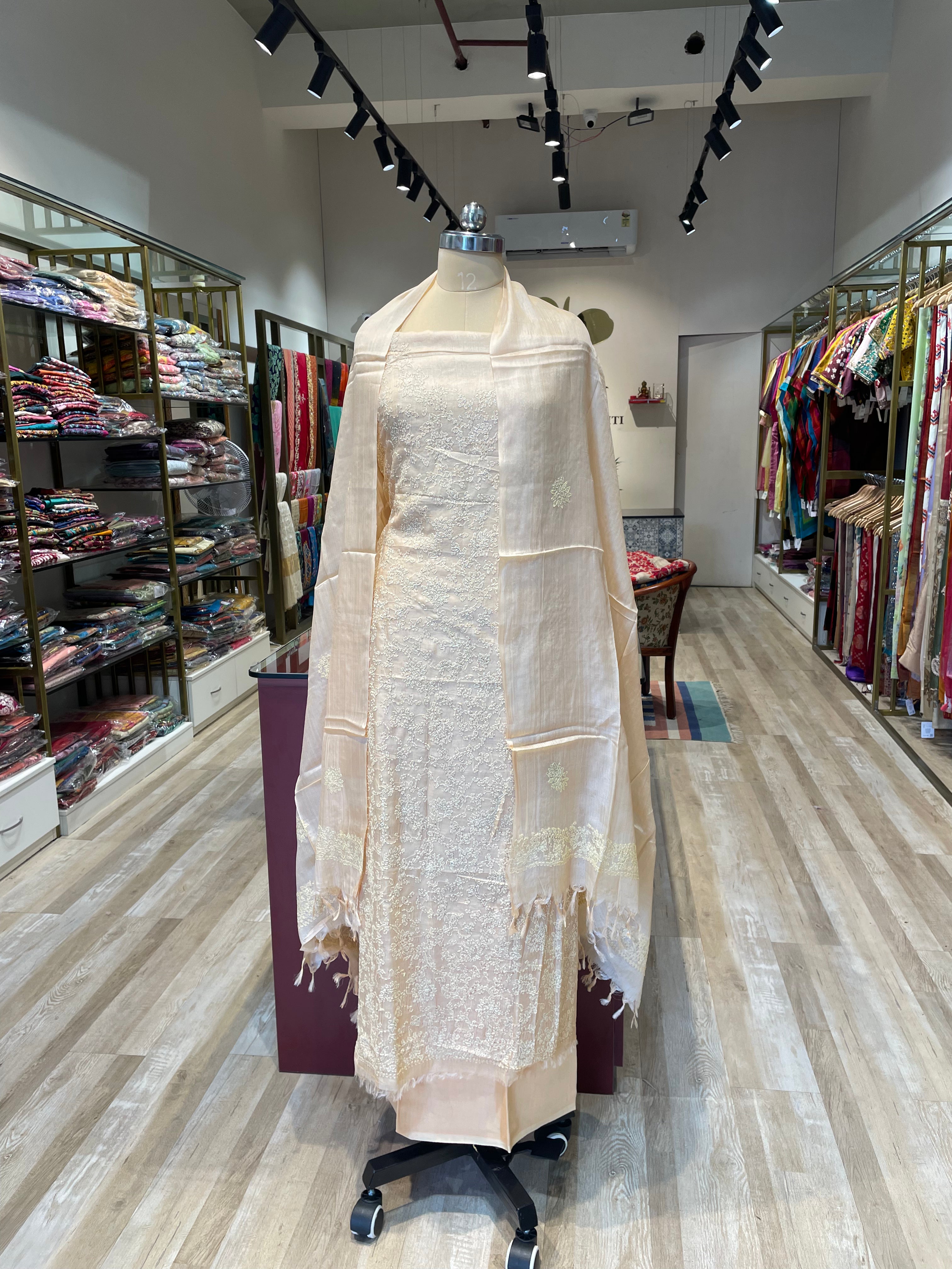 Pure tussar silk kantha work dress material (C)