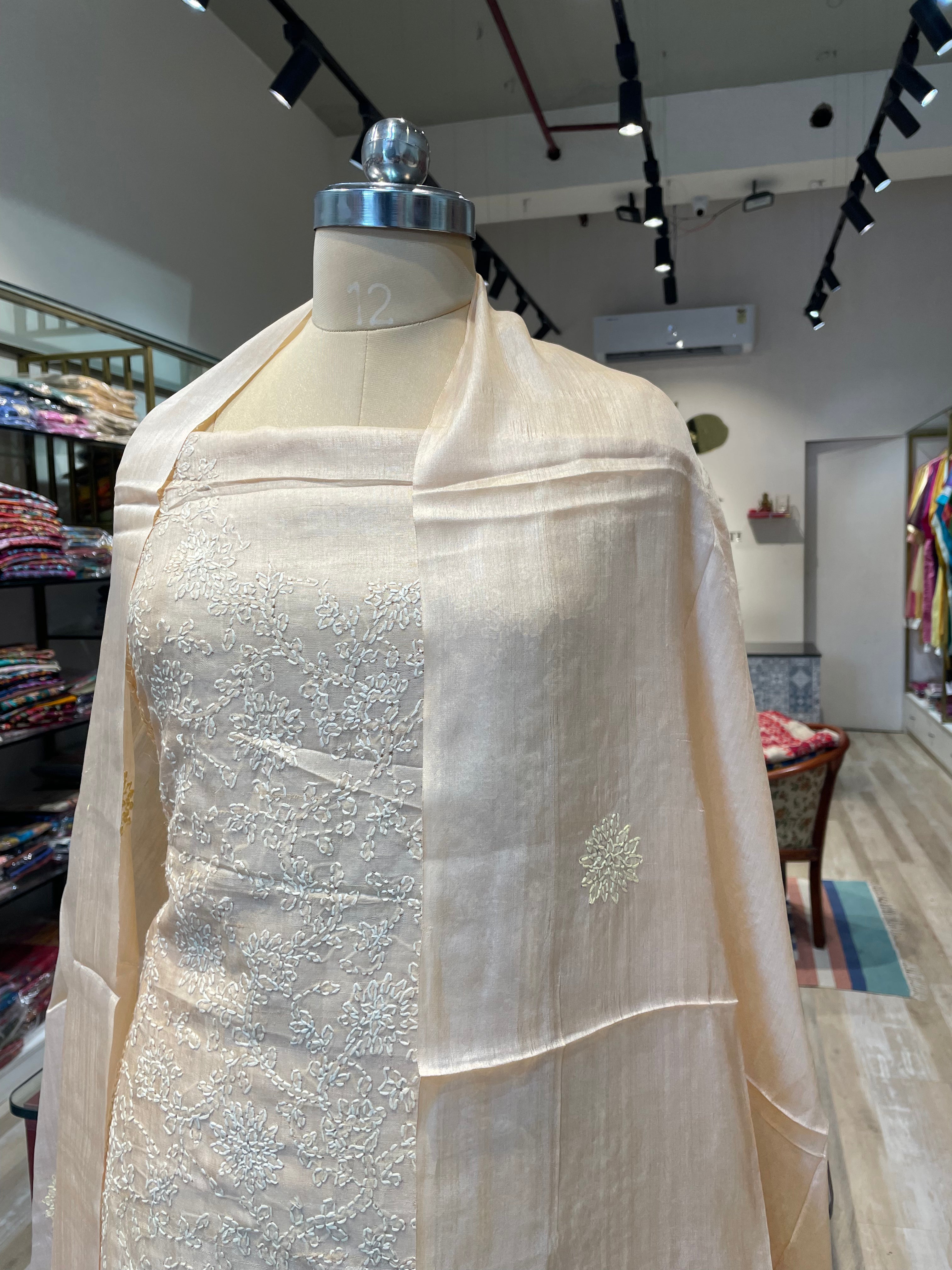 Pure tussar silk kantha work dress material (C)