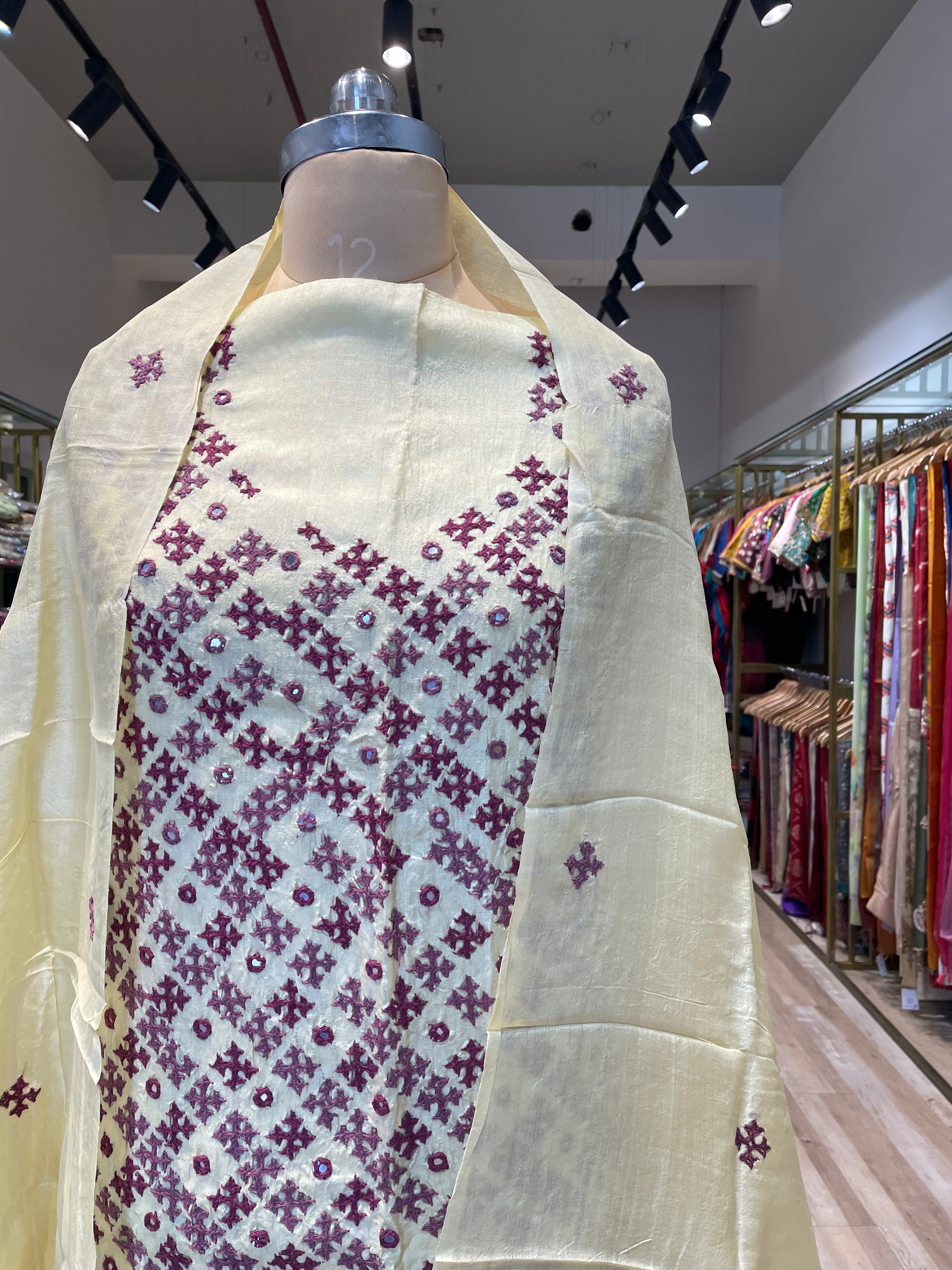 Pure tussar silk Gujarati work dress material