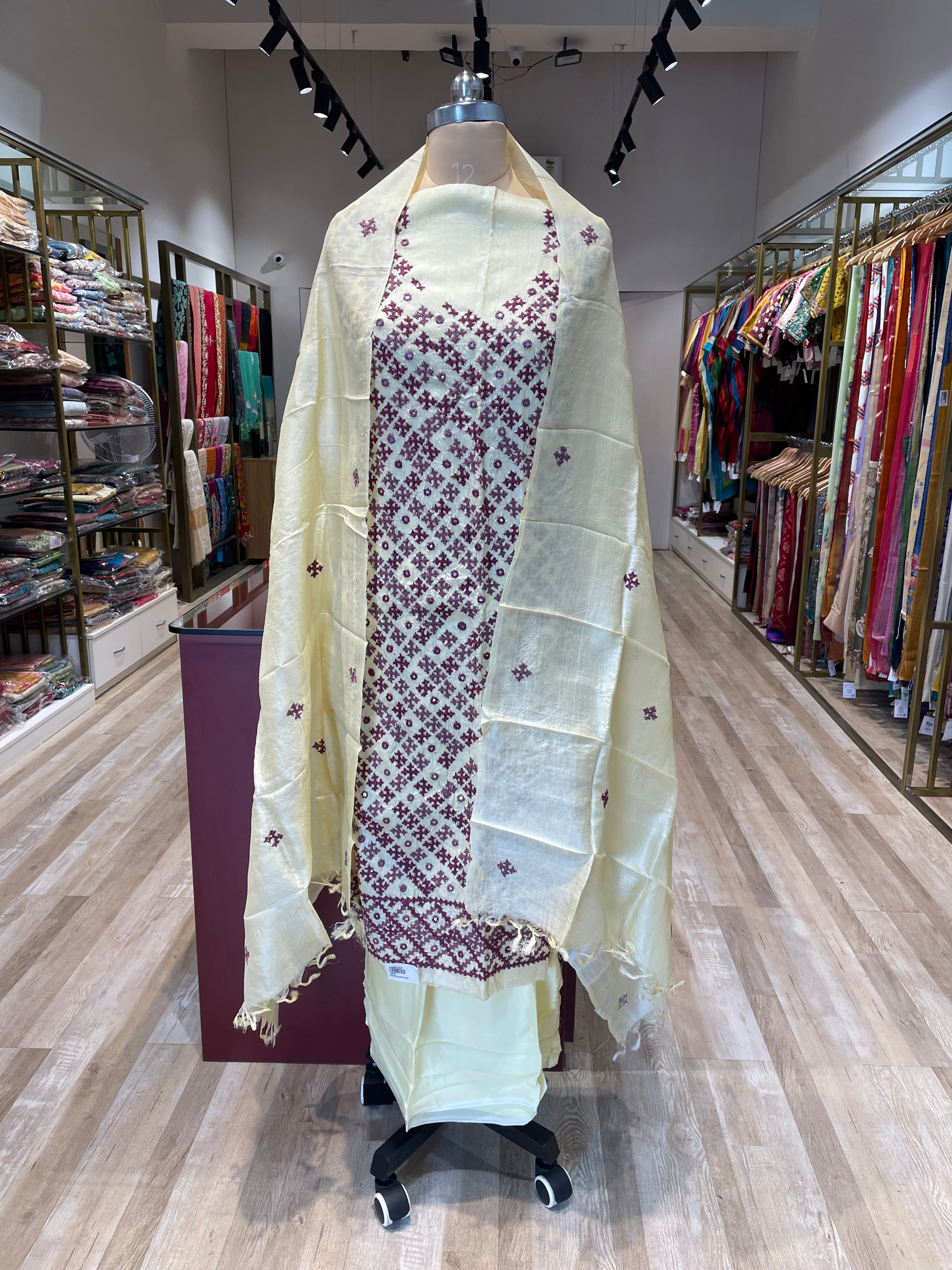 Pure tussar silk Gujarati work dress material