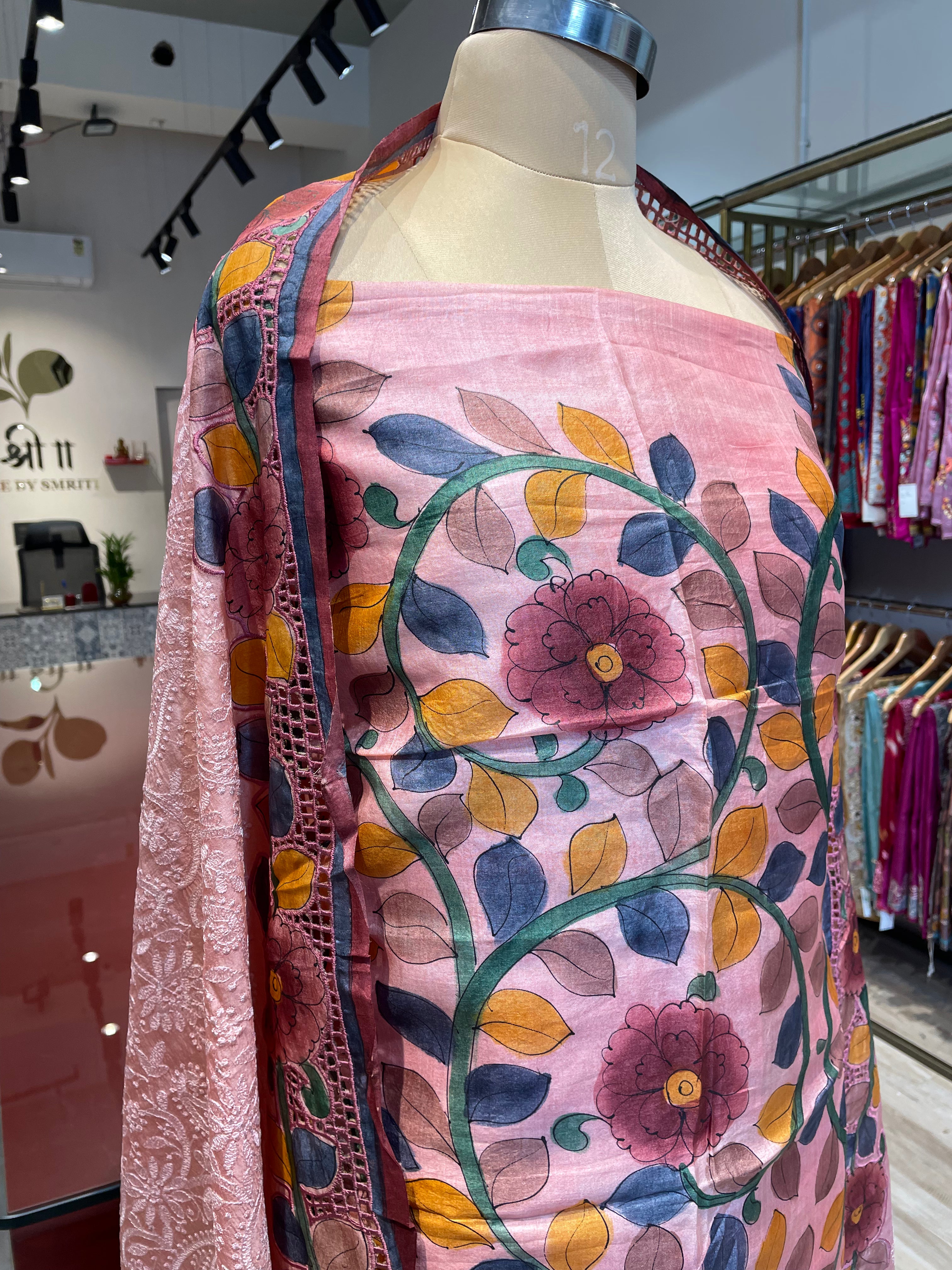 Pure tussar silk cutwork kalamkari dress material