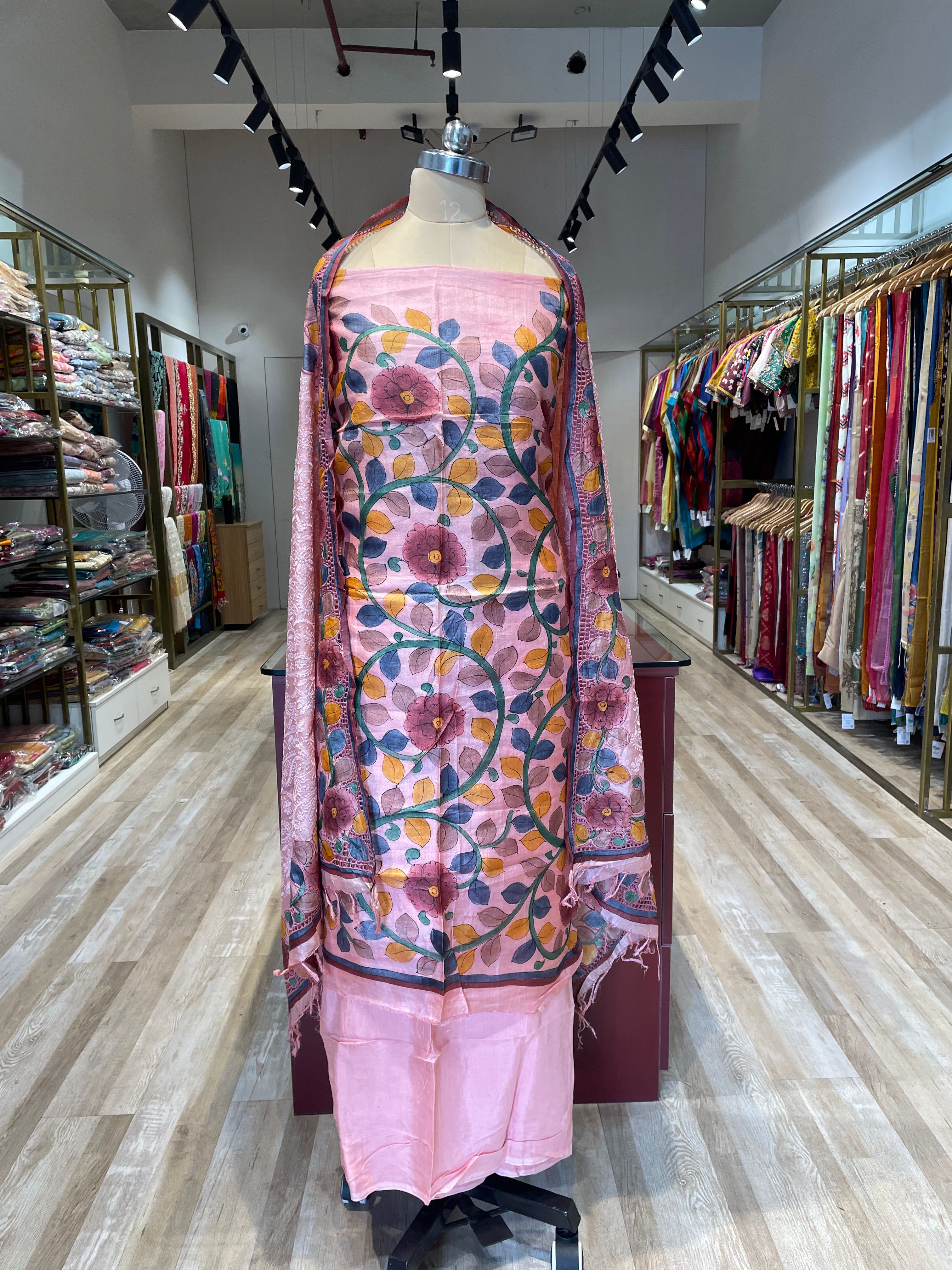 Pure tussar silk cutwork kalamkari dress material