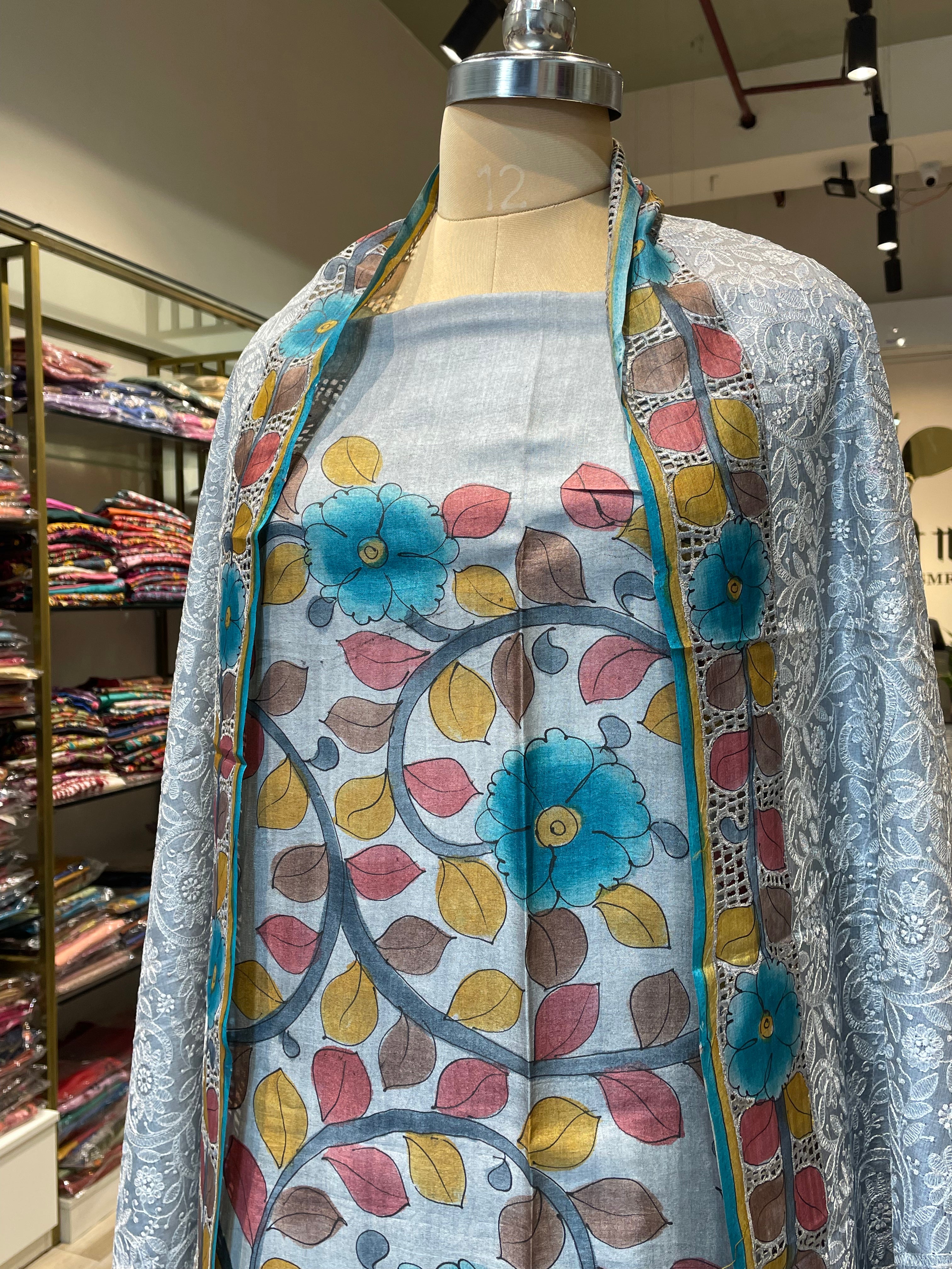 Pure tussar silk cutwork kalamkari dress material