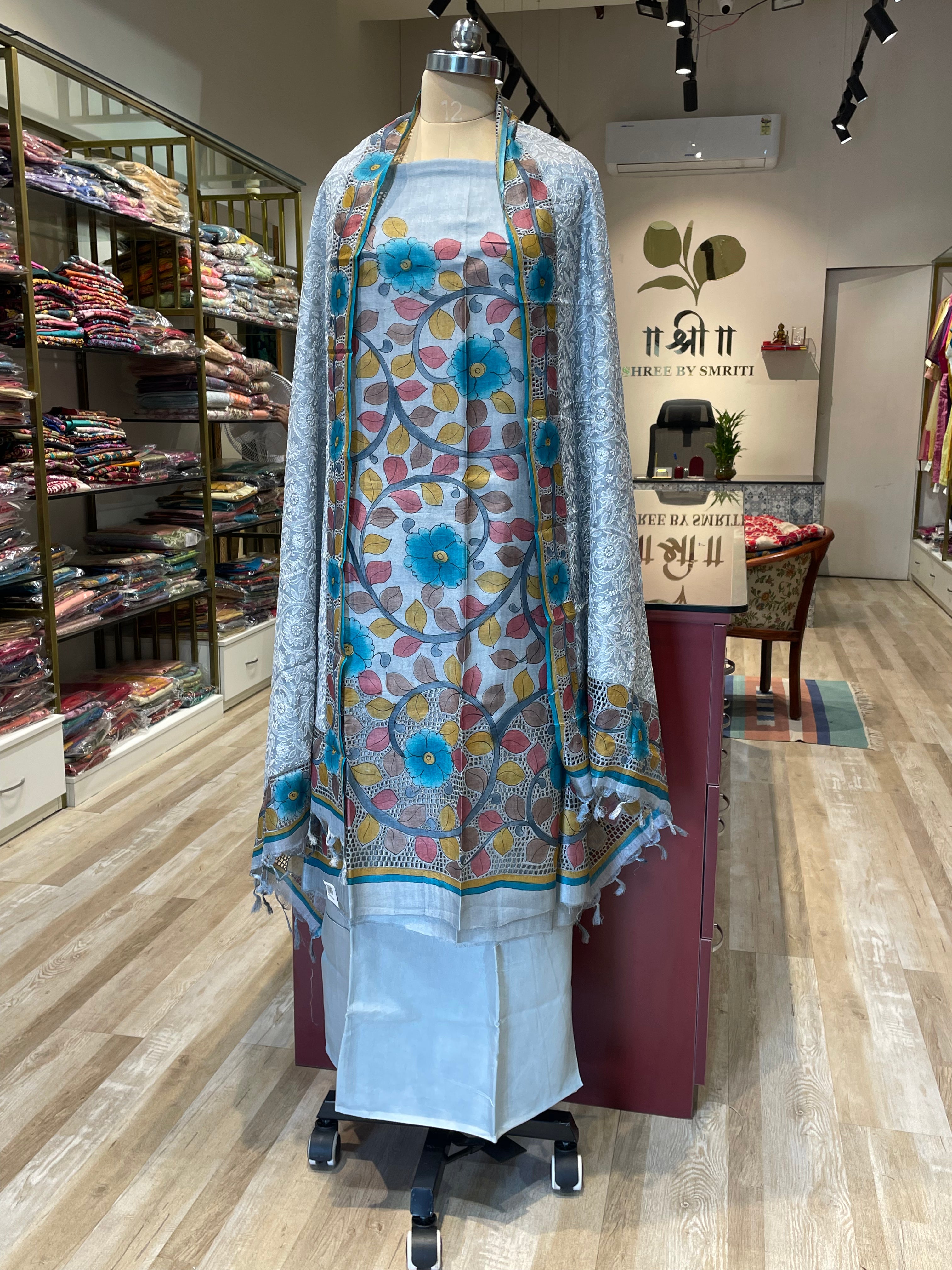 Pure tussar silk cutwork kalamkari dress material