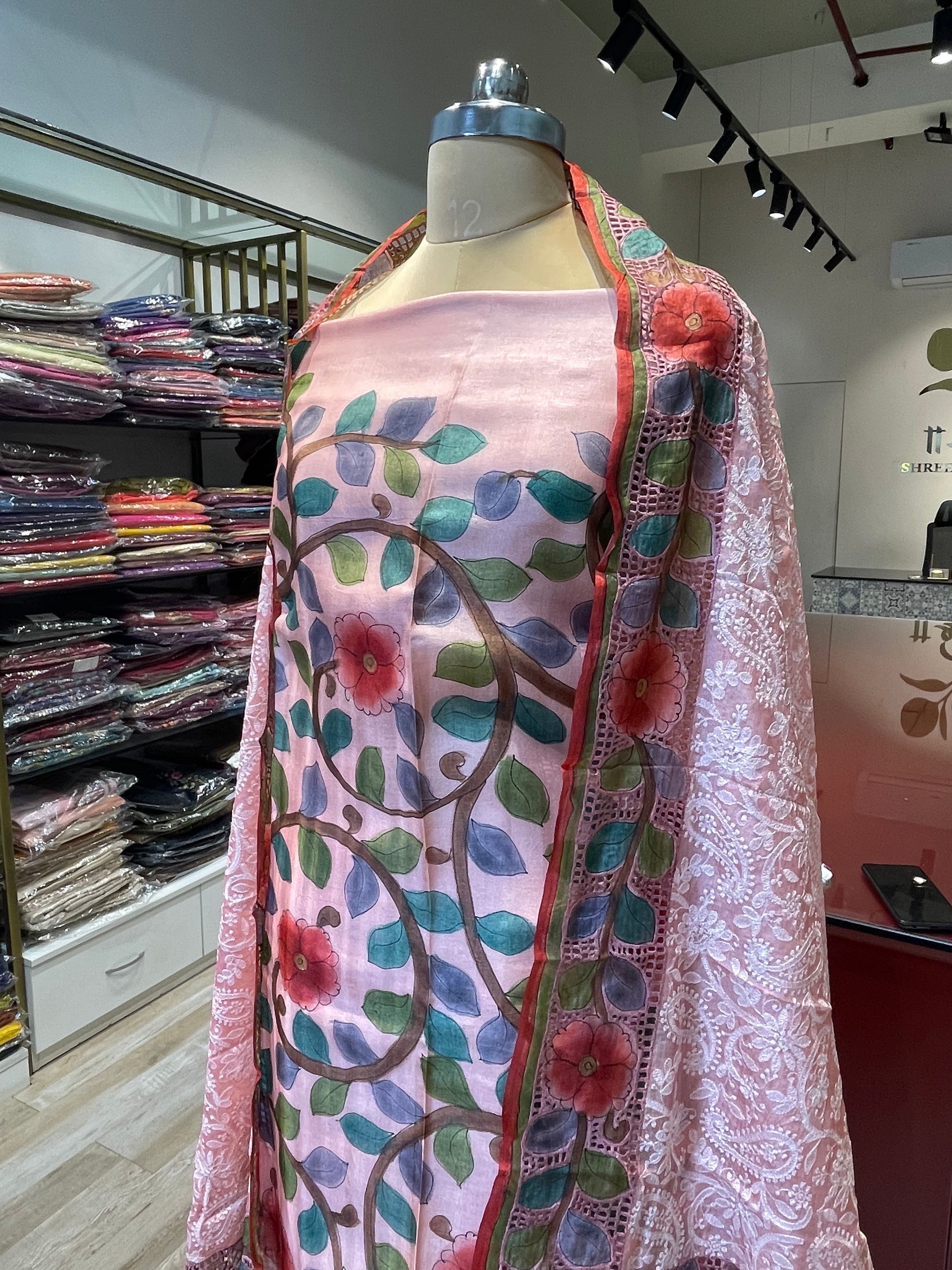 Pure tussar silk cutwork kalamkari dress material