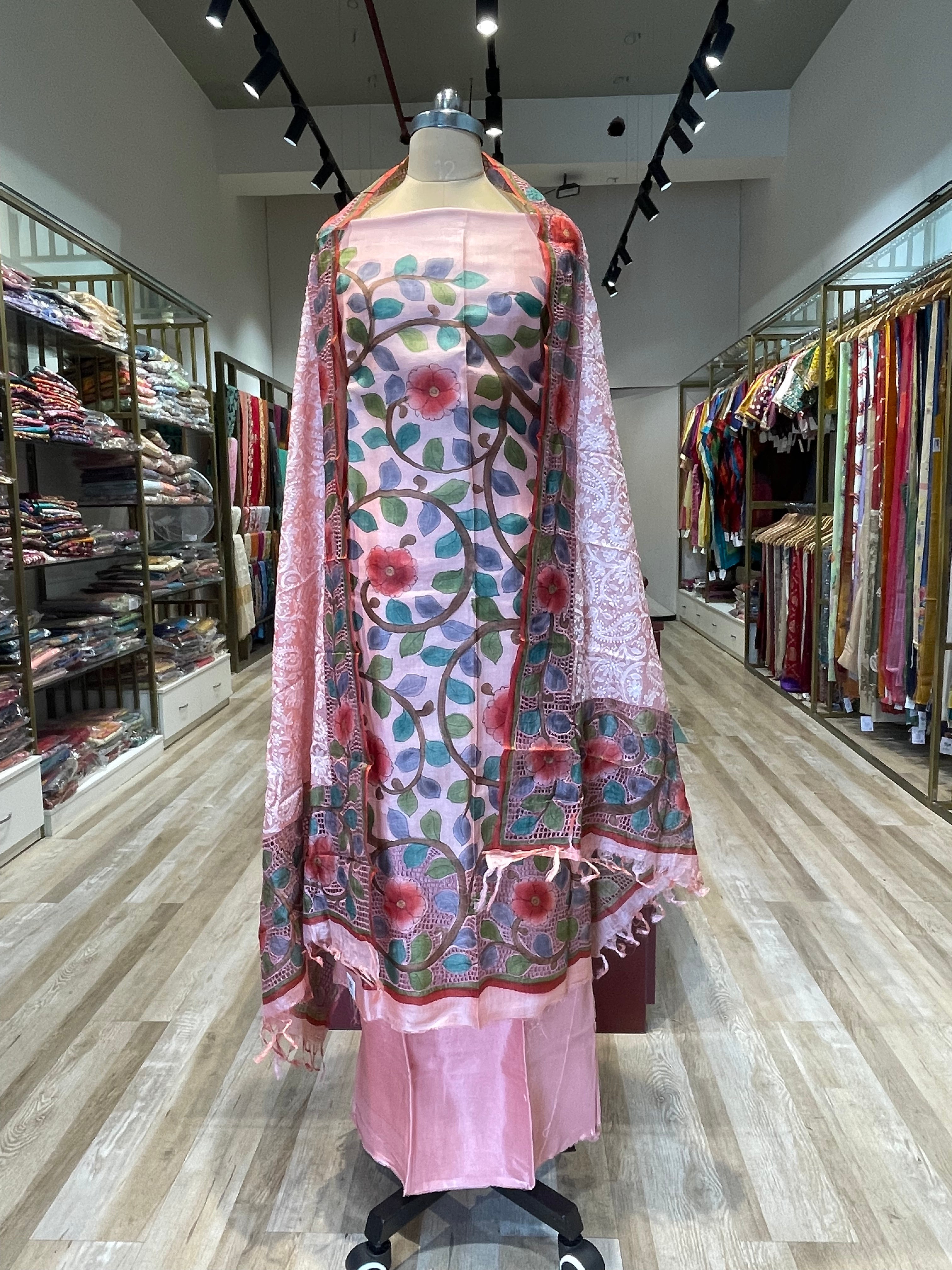 Pure tussar silk cutwork kalamkari dress material