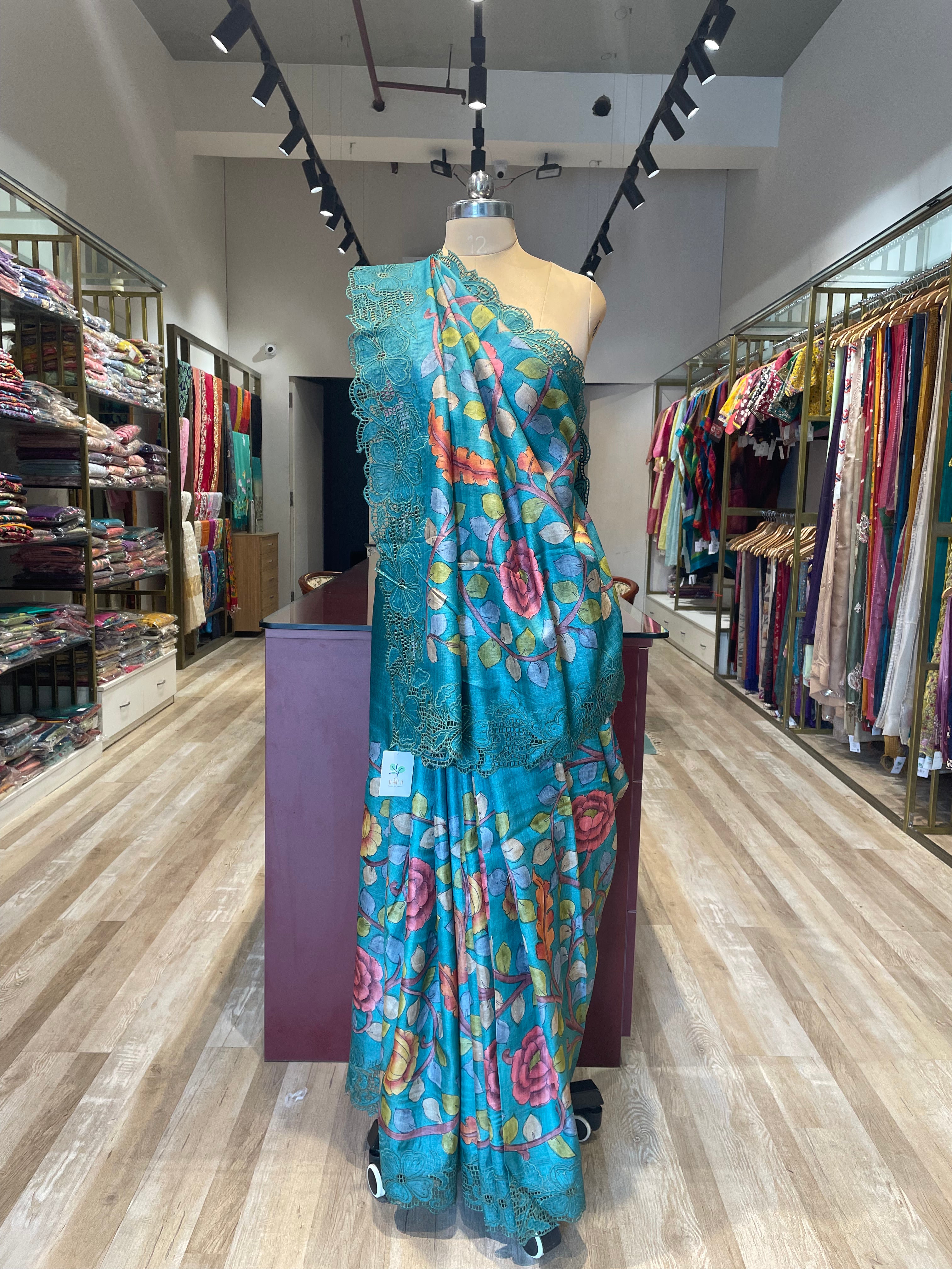 Pure tussar silk cutwork kalamkari saree with applique work (BL)