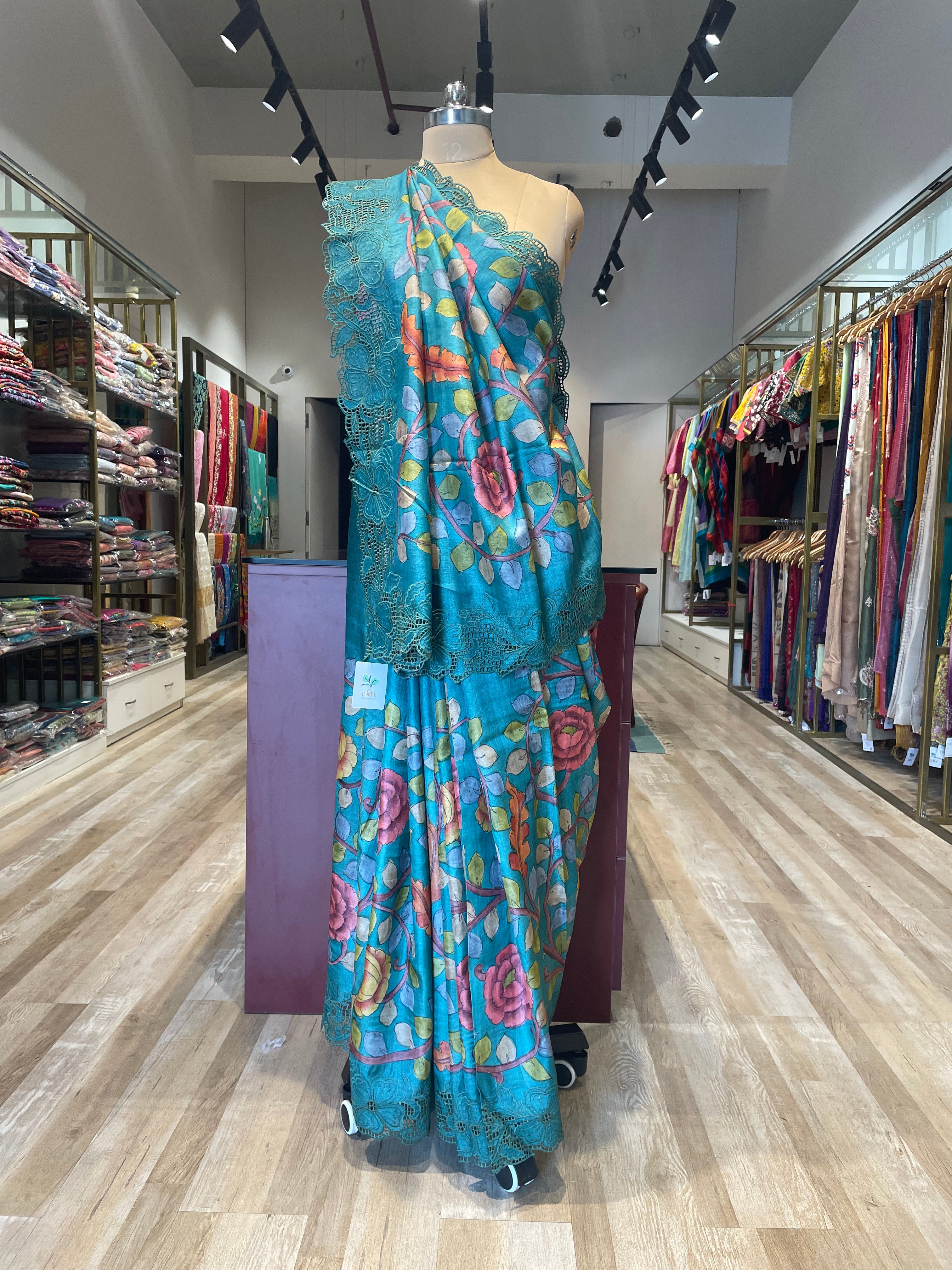 Pure tussar silk cutwork kalamkari saree with applique work (BL)