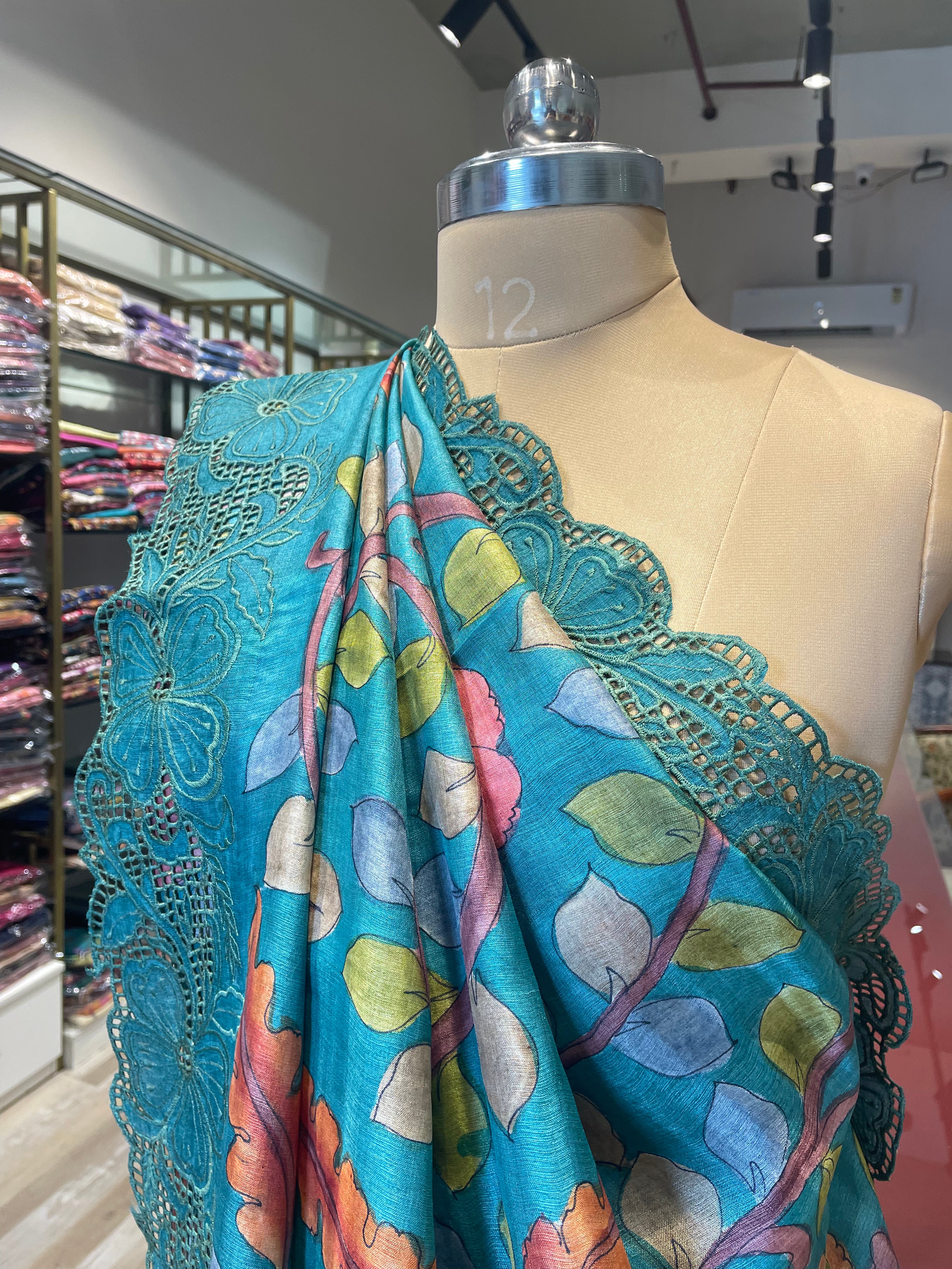 Pure tussar silk cutwork kalamkari saree with applique work (BL)