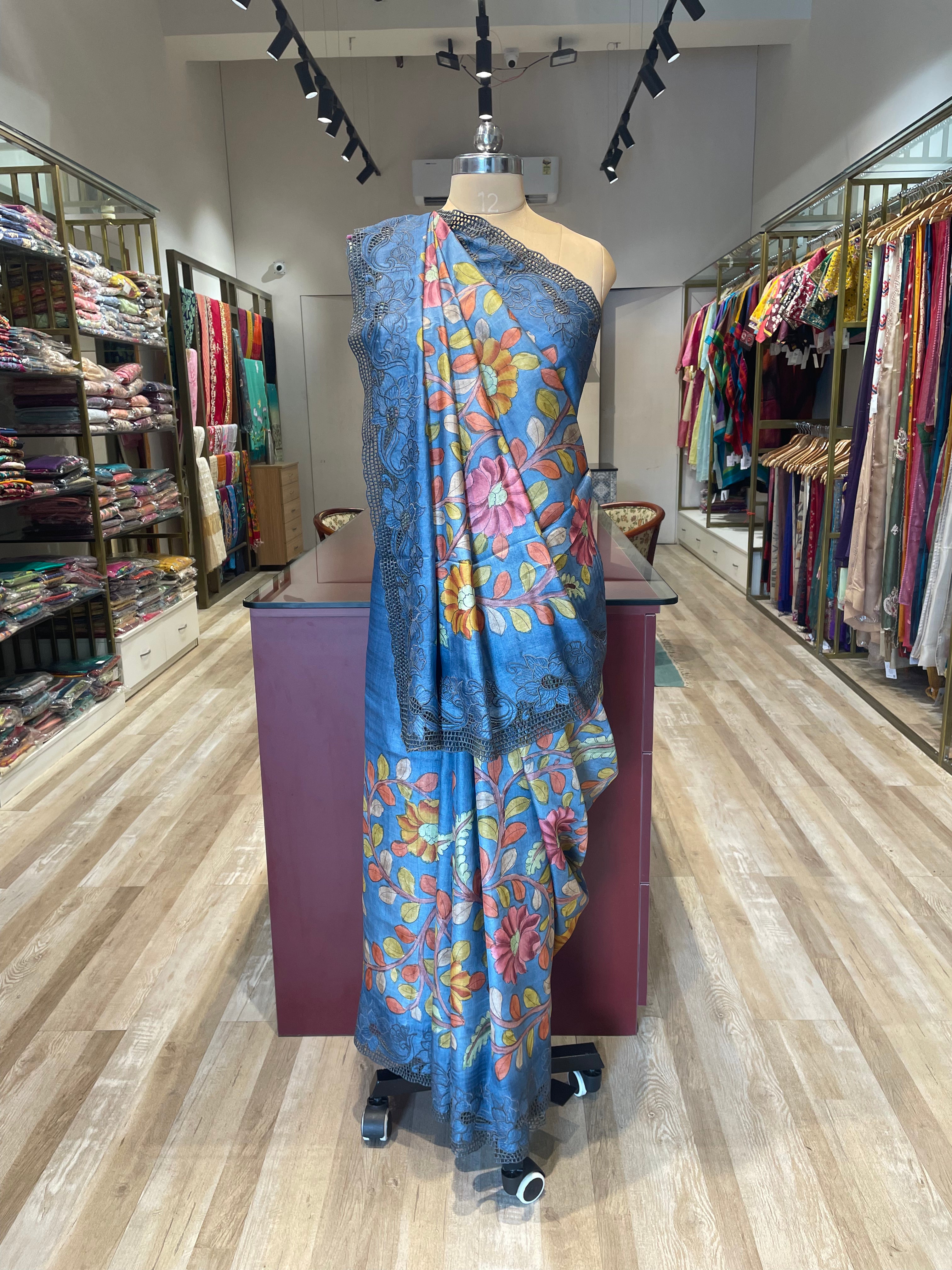 Pure tussar silk cutwork kalamkari saree with applique work