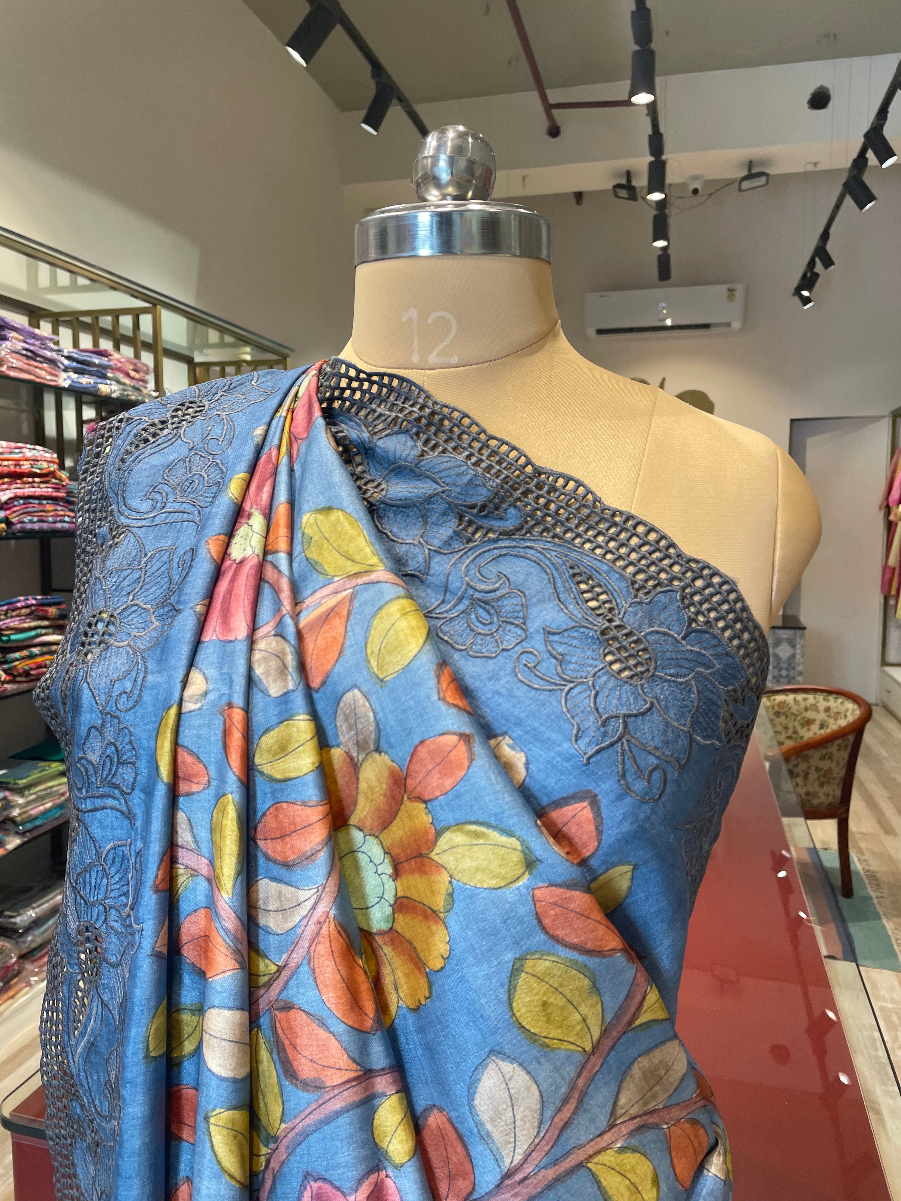 Pure tussar silk cutwork kalamkari saree with applique work