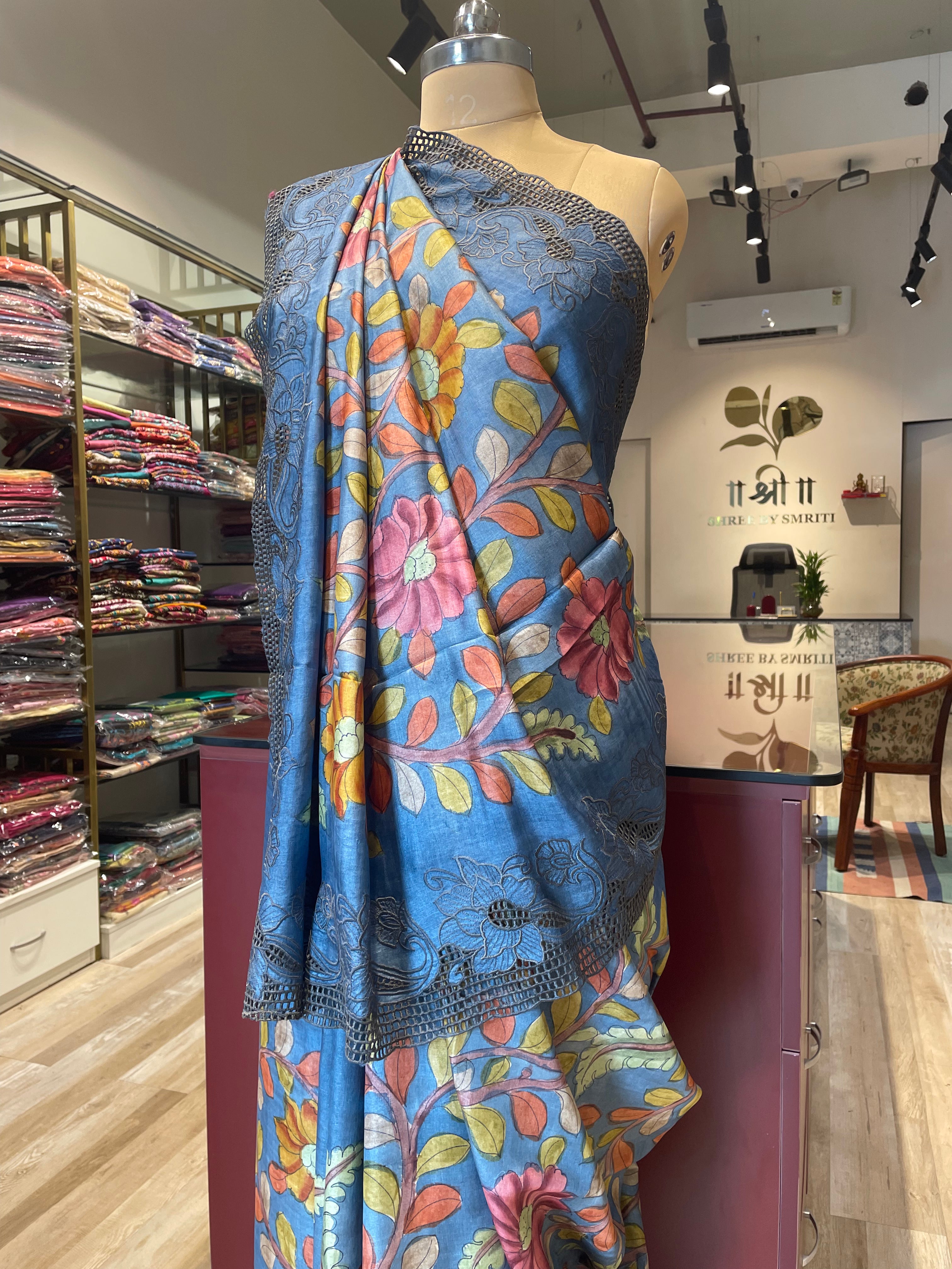 Pure tussar silk cutwork kalamkari saree with applique work