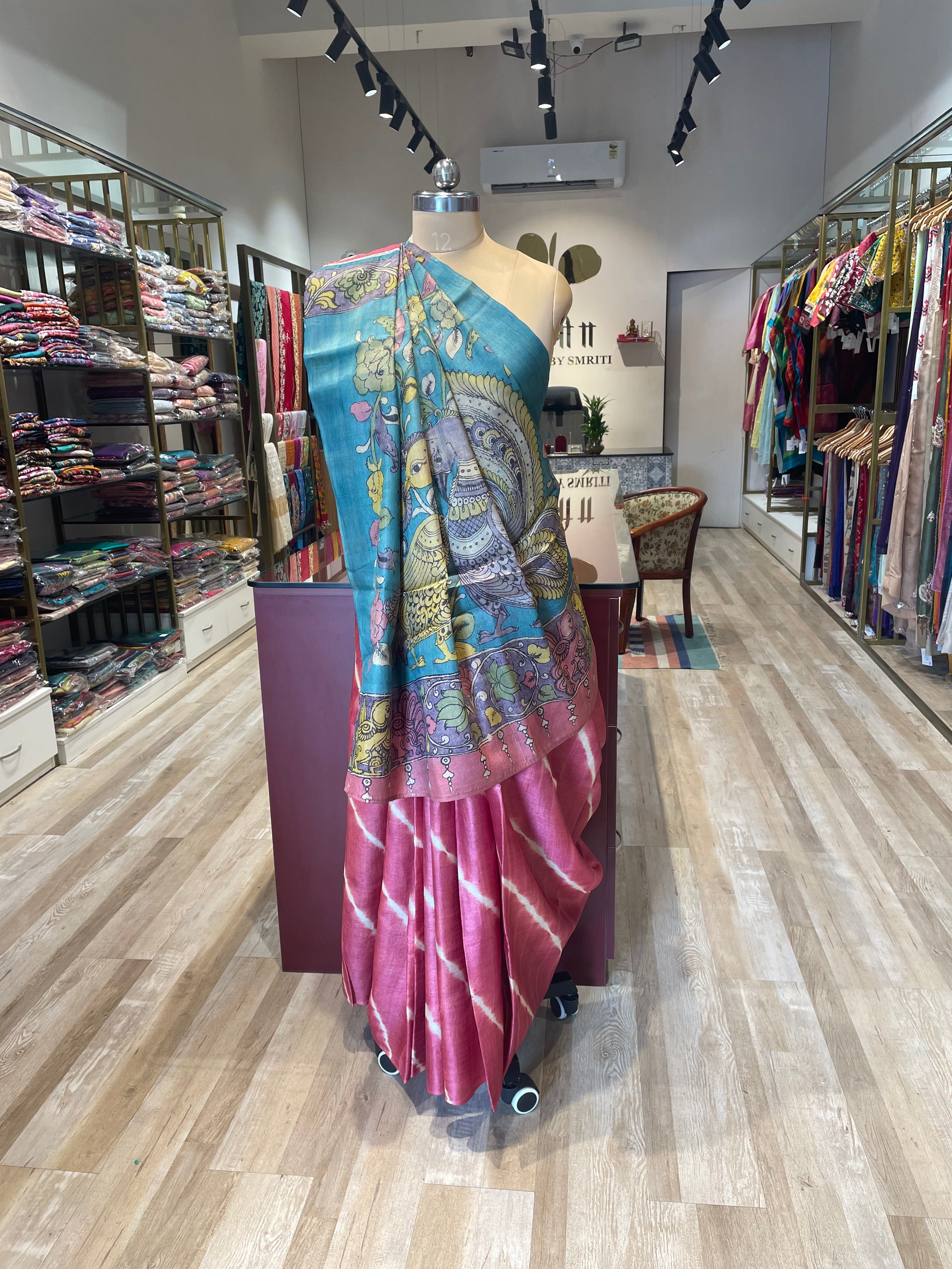 Pure tussar silk Hastkala kalamkari with lehriya saree (BL)