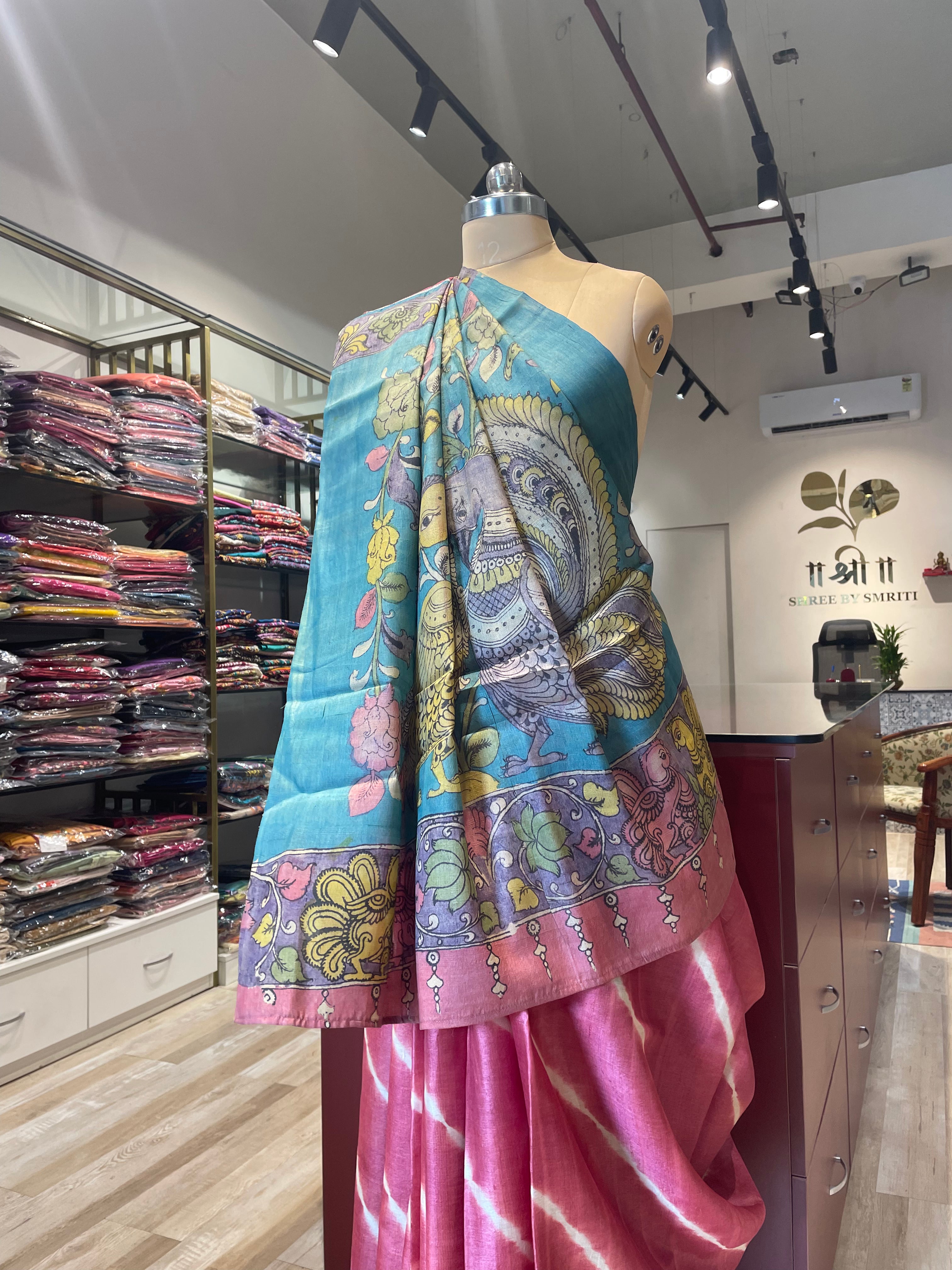 Pure tussar silk Hastkala kalamkari with lehriya saree (BL)