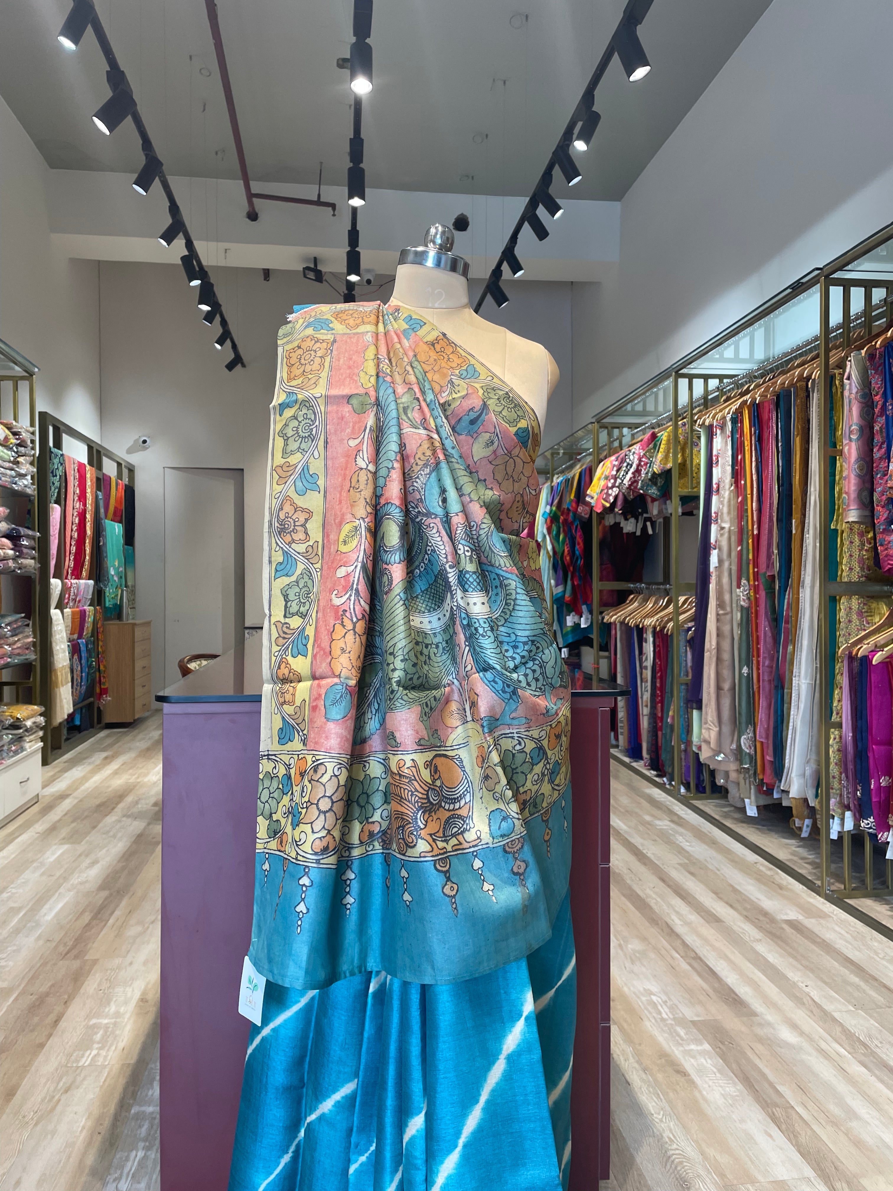 Pure tussar silk Hastkala kalamkari with lehriya saree (CO)