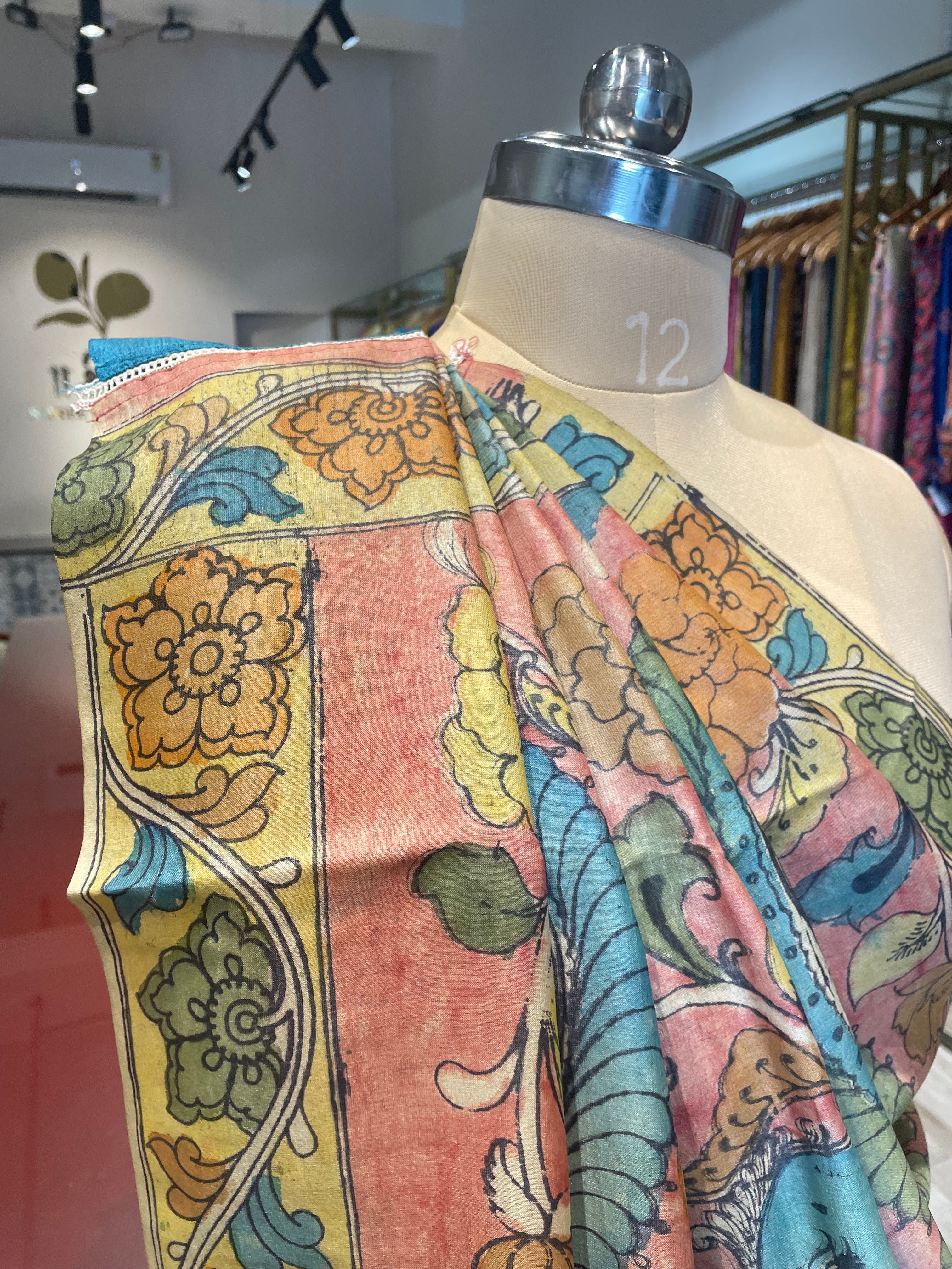 Pure tussar silk Hastkala kalamkari with lehriya saree (CO)