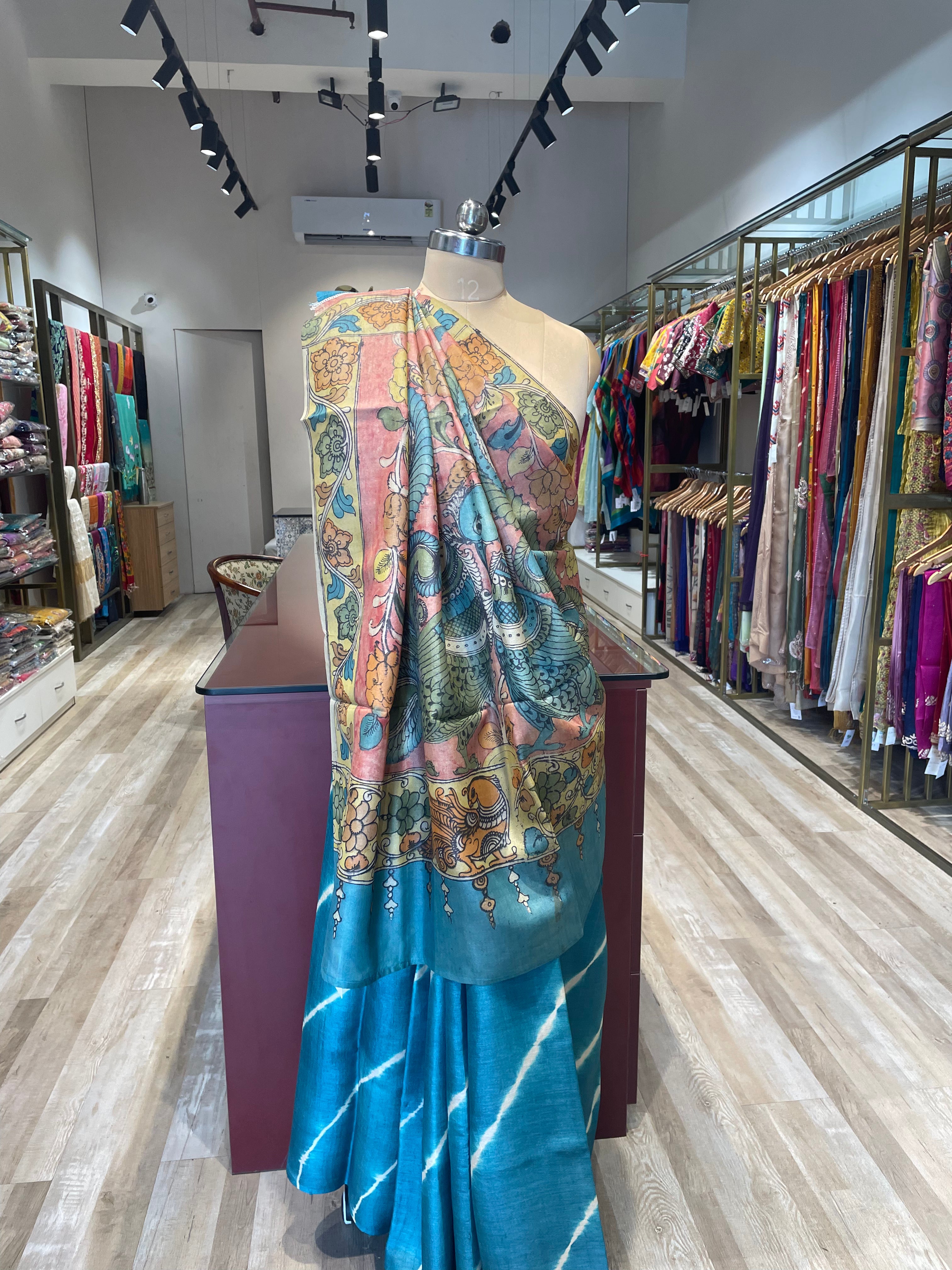 Pure tussar silk Hastkala kalamkari with lehriya saree (CO)