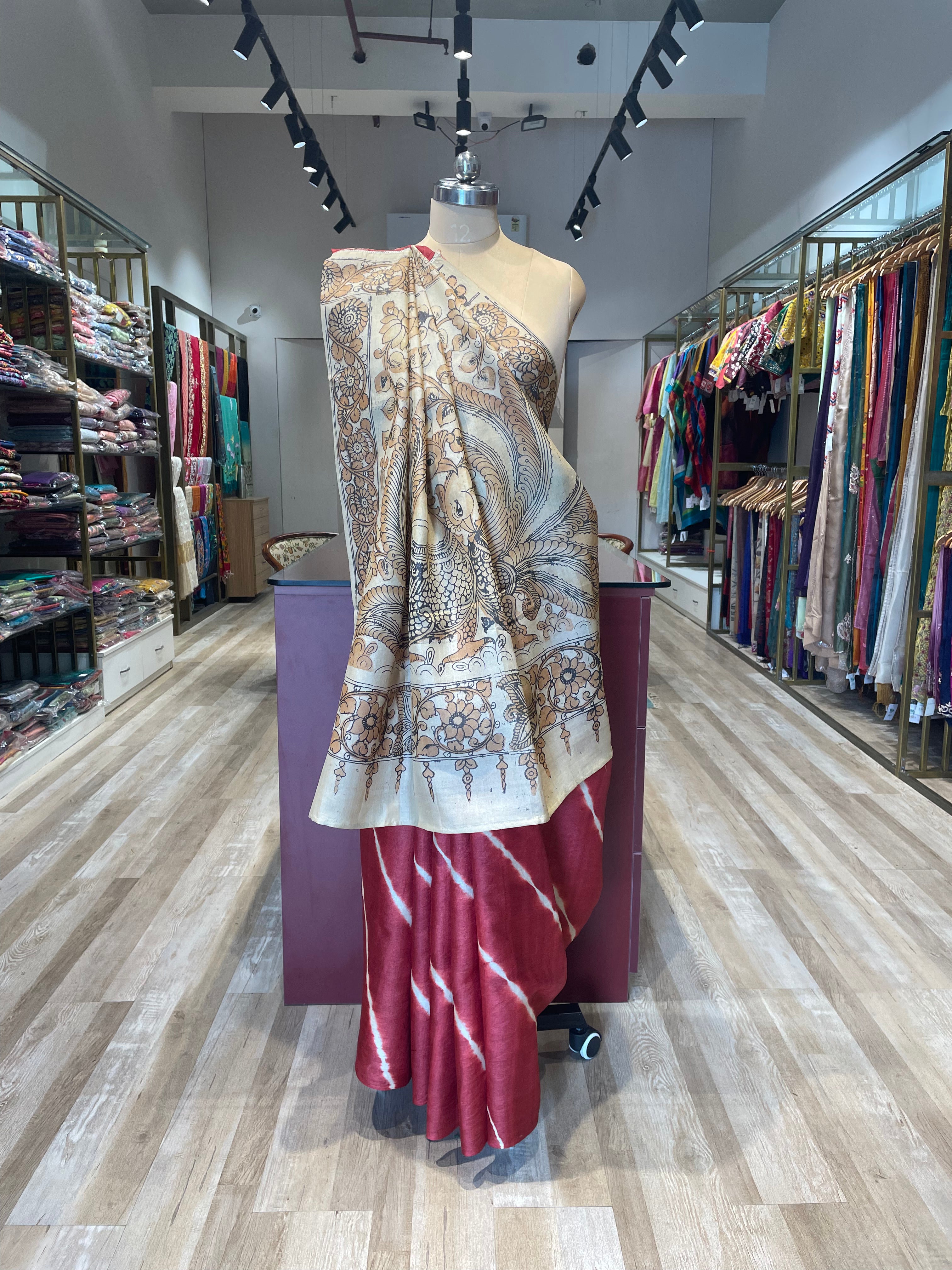Pure tussar silk Hastkala kalamkari with lehriya saree