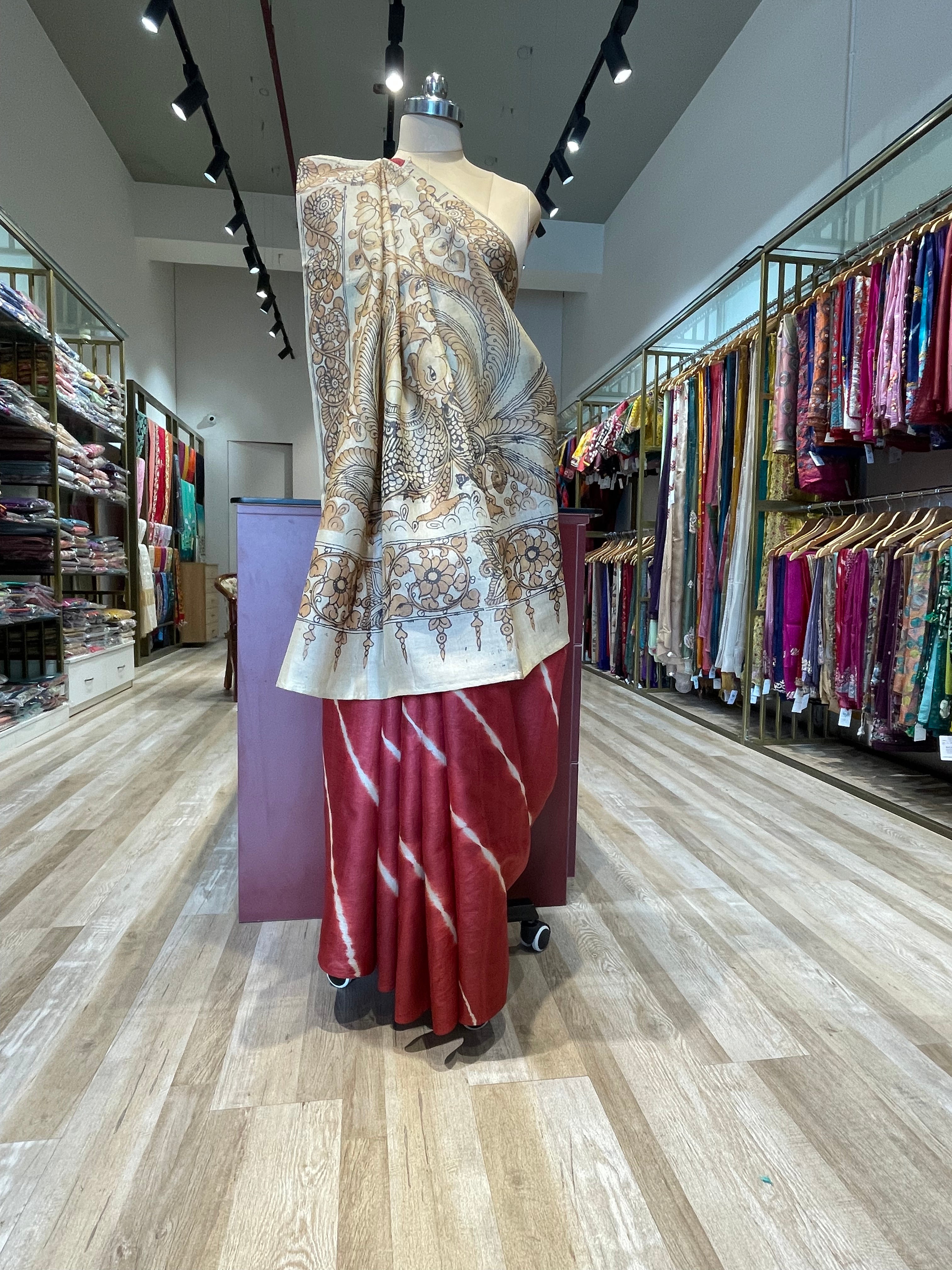 Pure tussar silk Hastkala kalamkari with lehriya saree