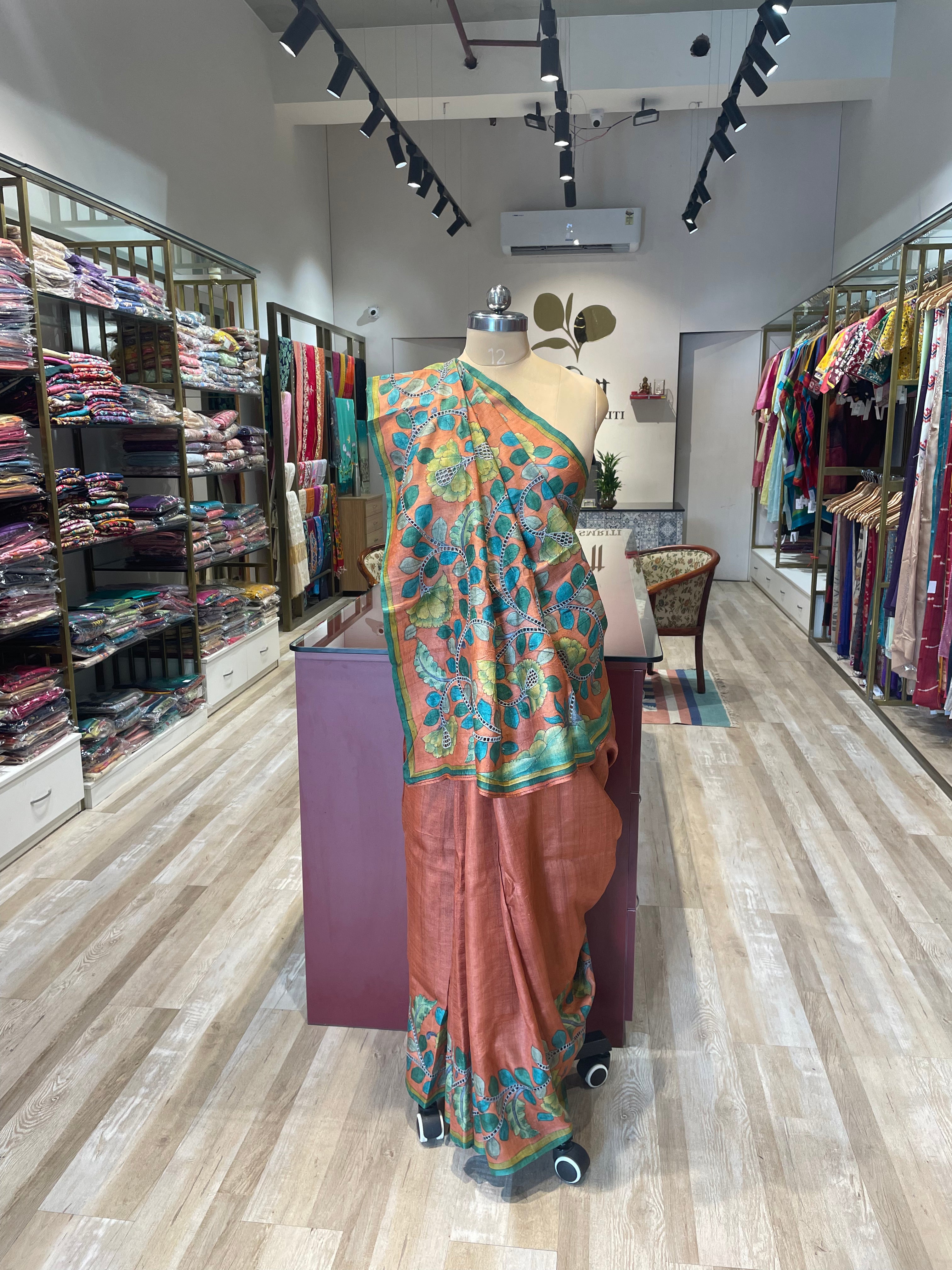 Pure tussar silk cutwork kalamkari saree (CO)