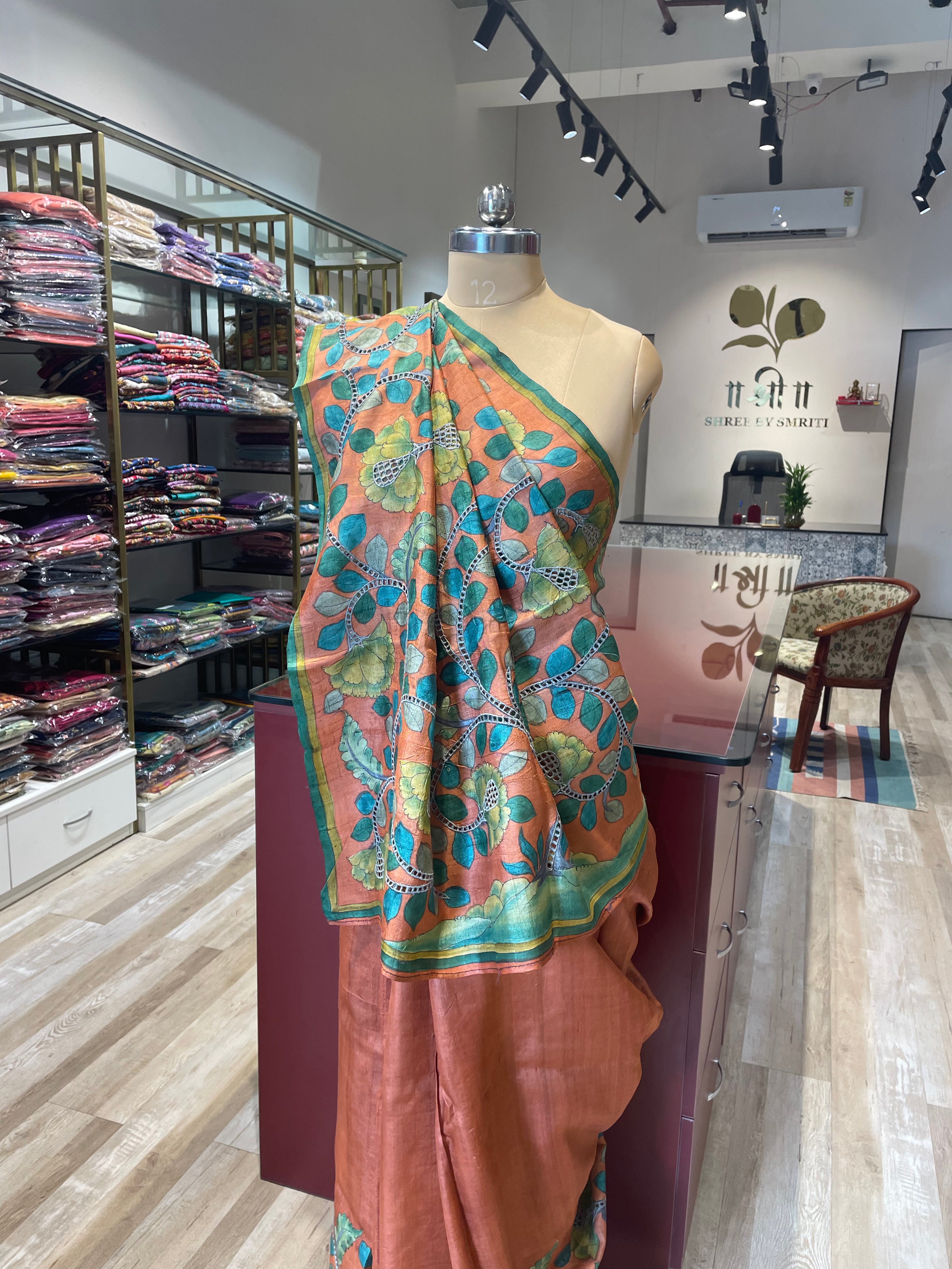 Pure tussar silk cutwork kalamkari saree (CO)