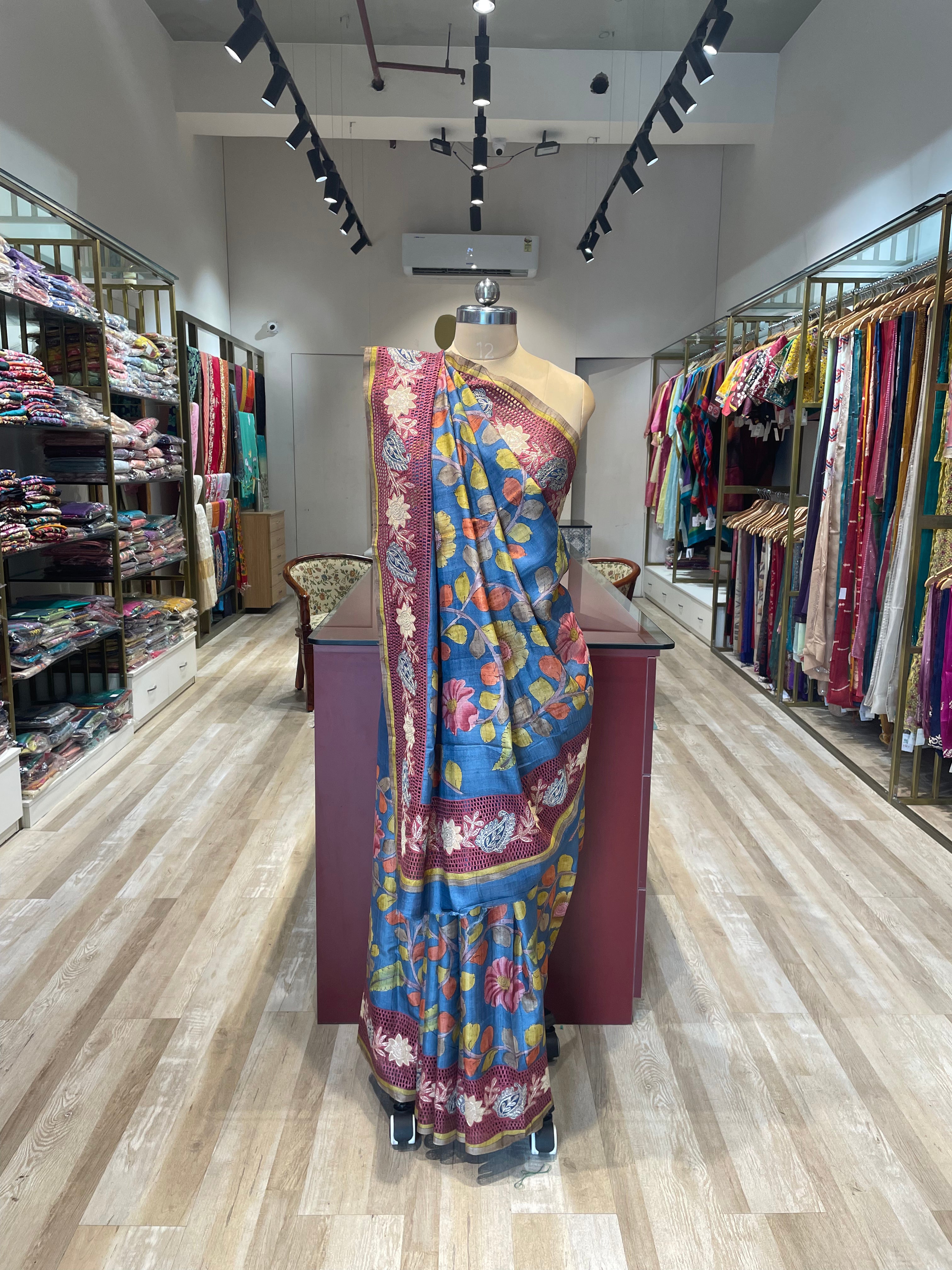 Pure tussar silk cutwork kalamkari saree with pita work