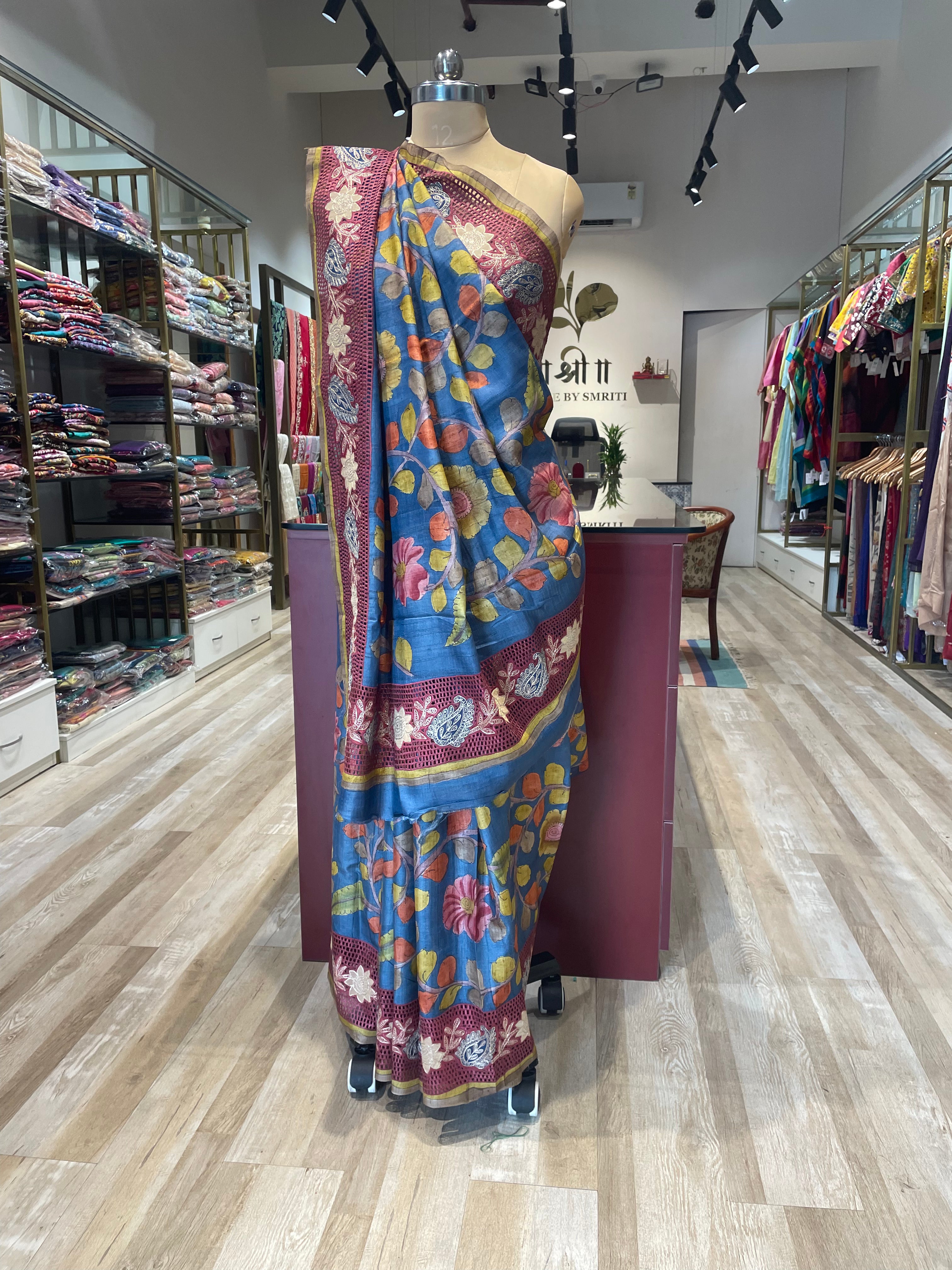 Pure tussar silk cutwork kalamkari saree with pita work