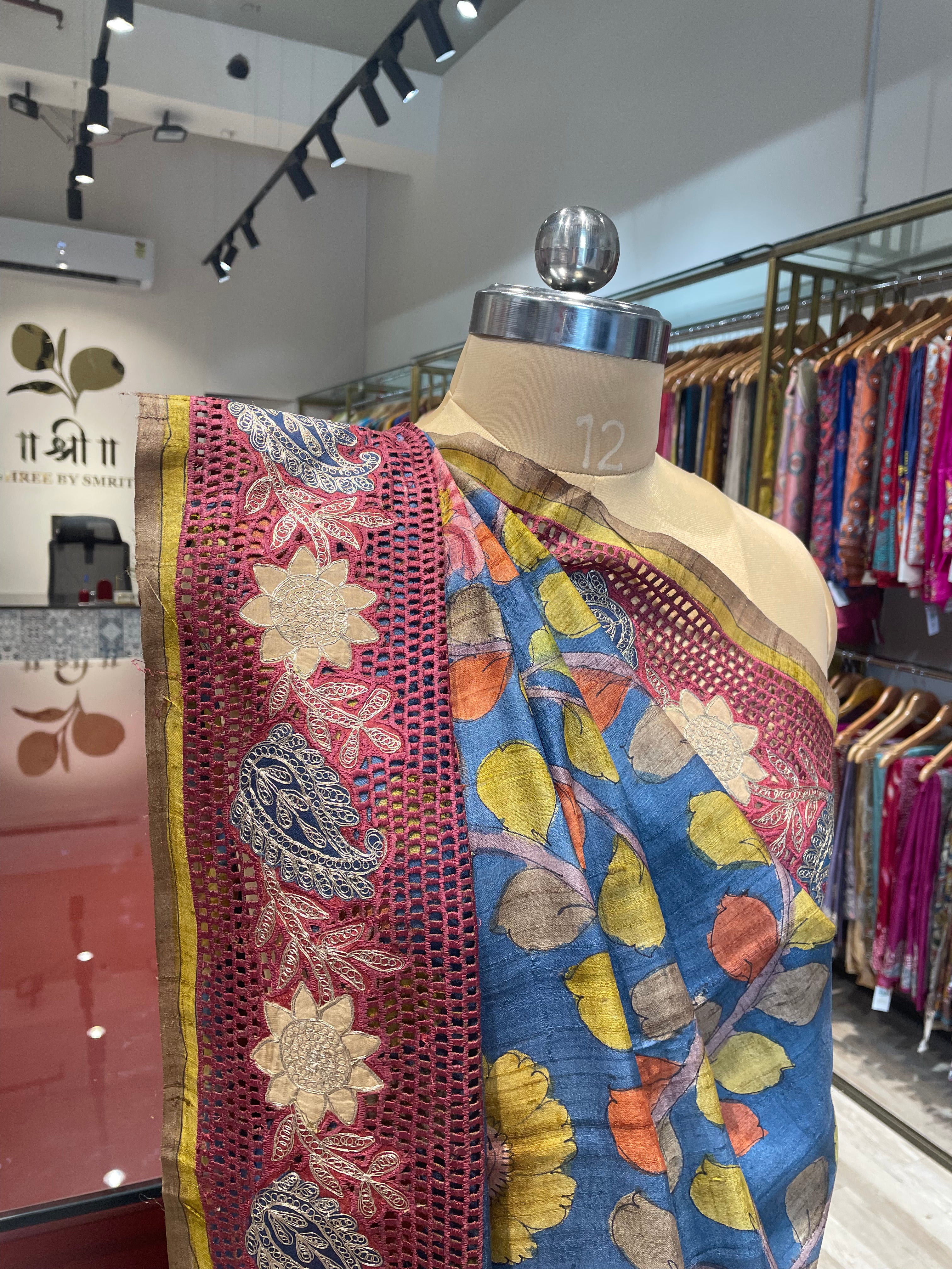 Pure tussar silk cutwork kalamkari saree with pita work