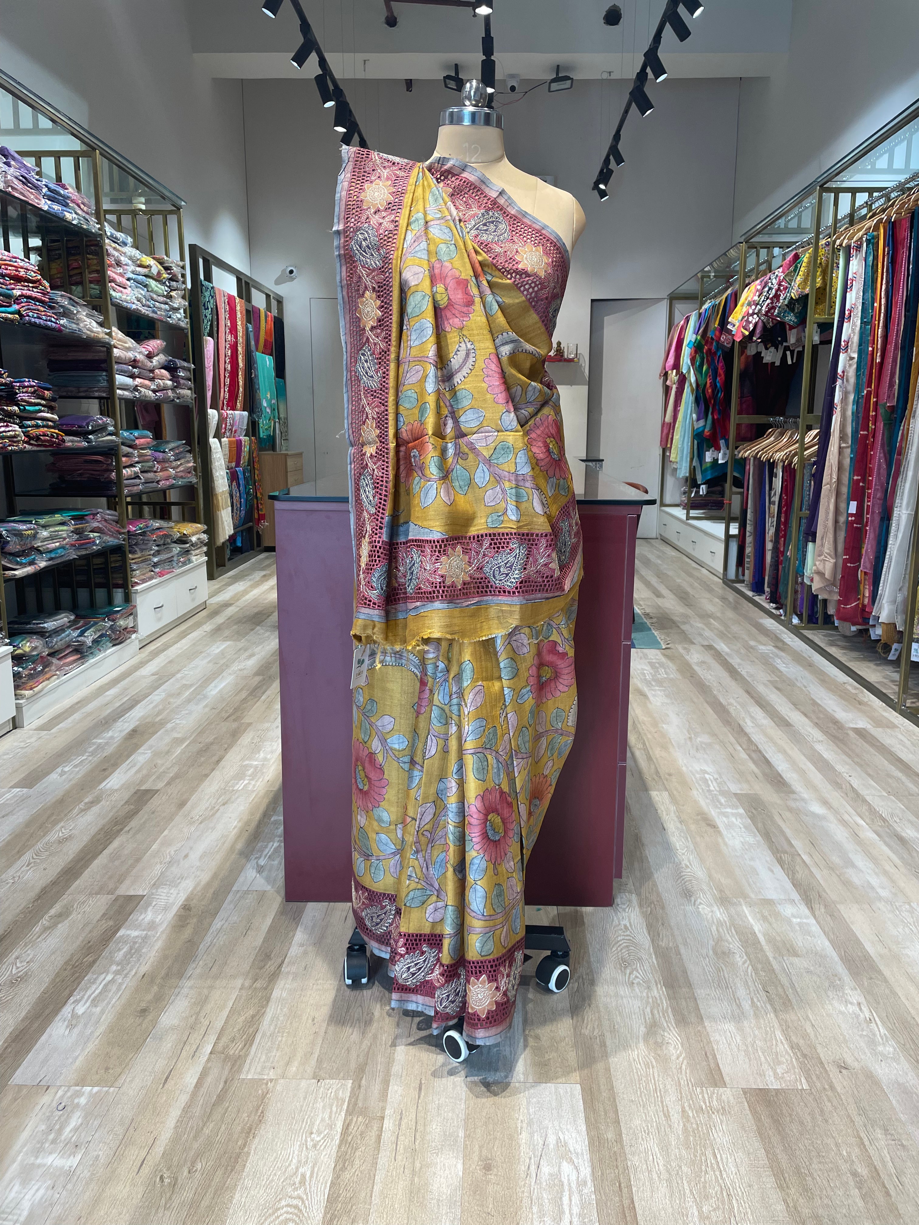 Pure tussar silk cutwork kalamkari saree with pita work