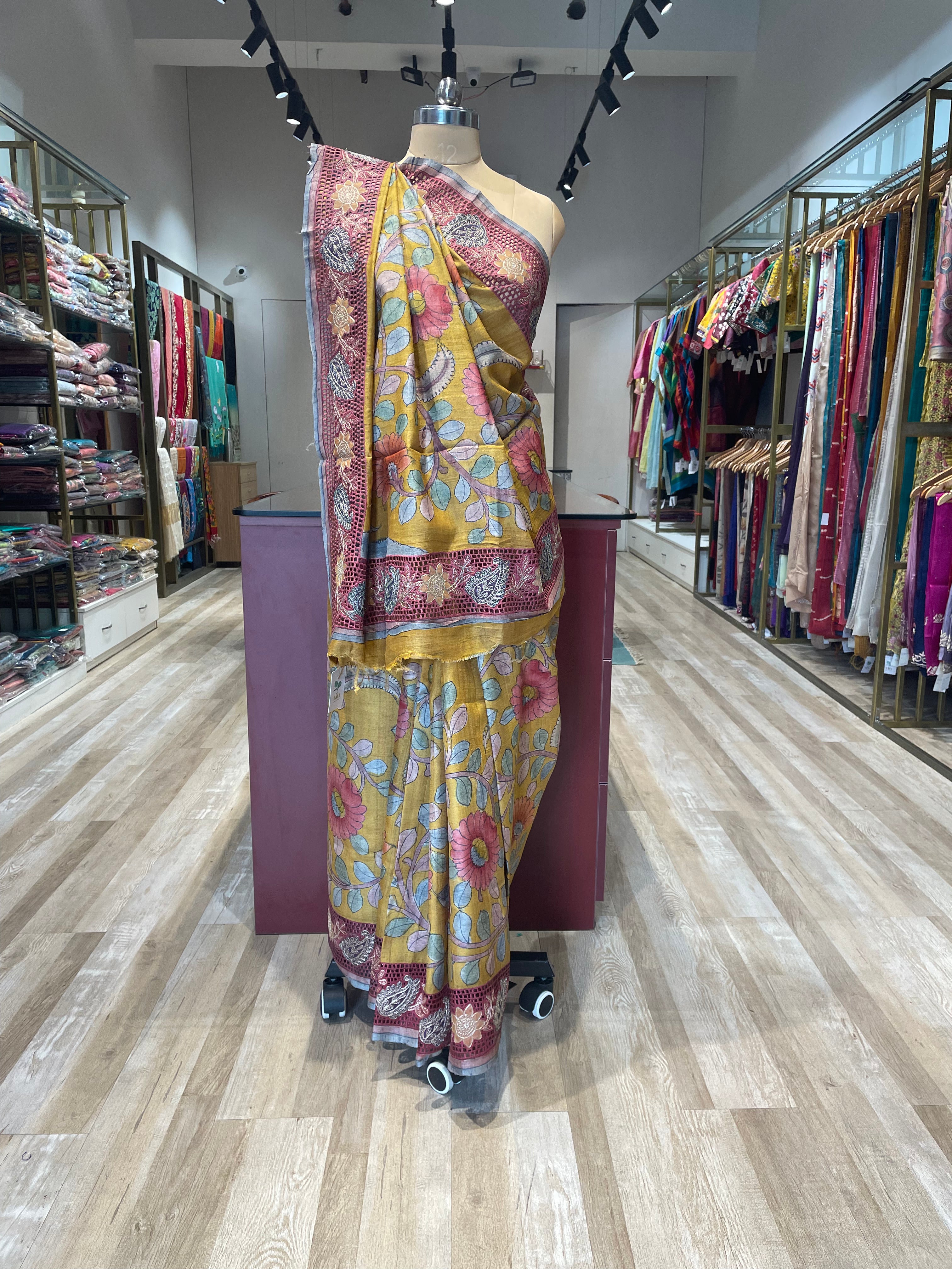 Pure tussar silk cutwork kalamkari saree with pita work