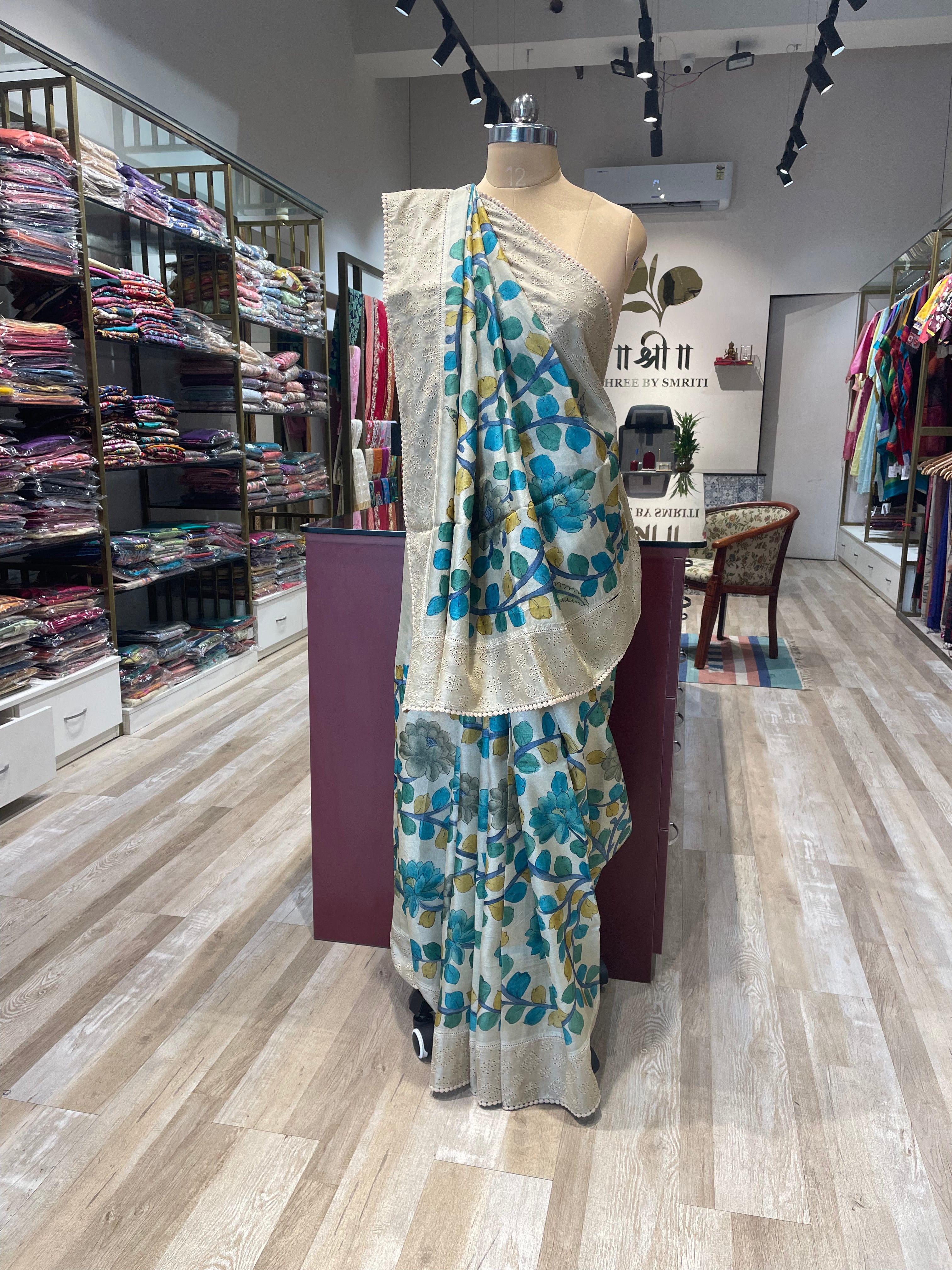 Pure tussar silk cutwork kalamkari saree