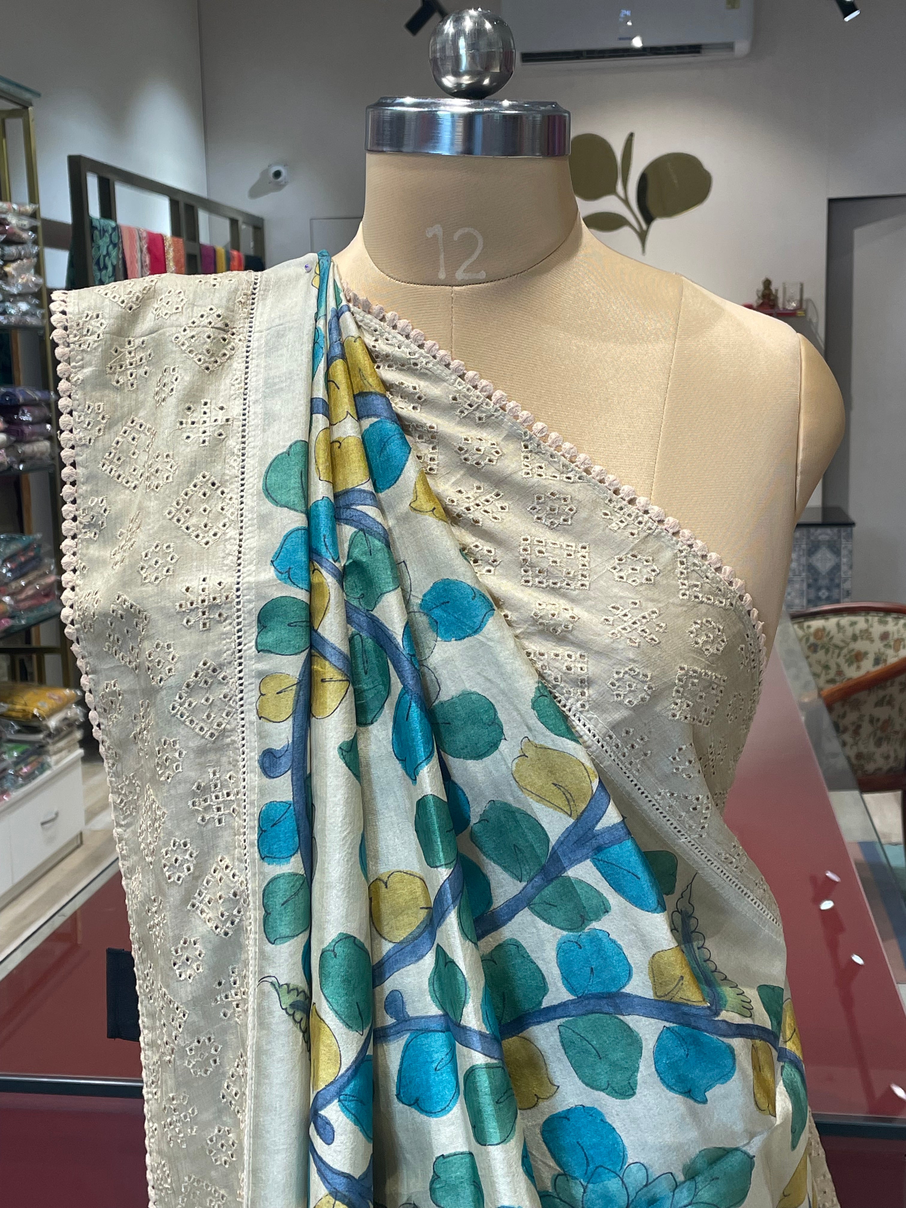 Pure tussar silk cutwork kalamkari saree