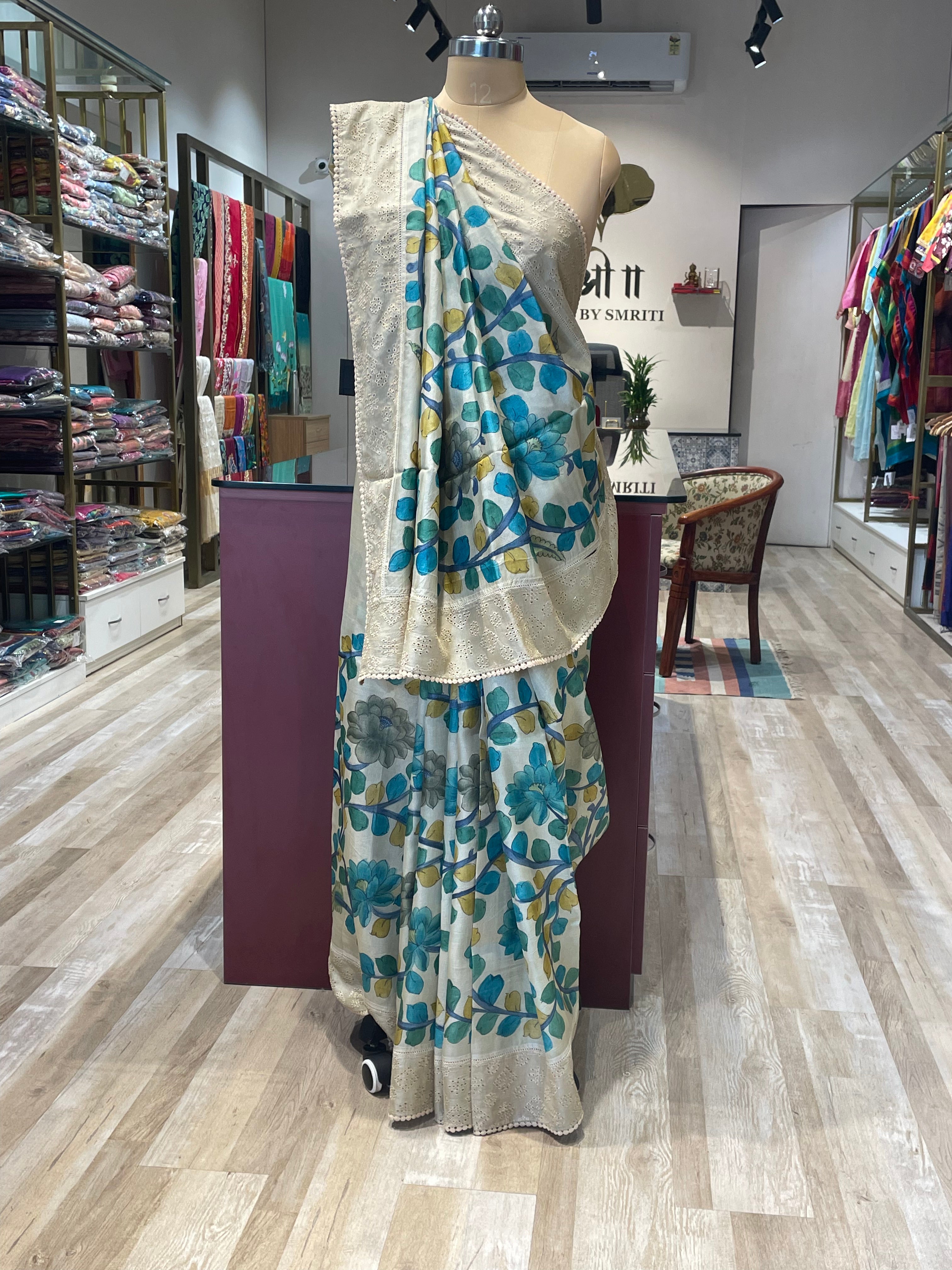 Pure tussar silk cutwork kalamkari saree