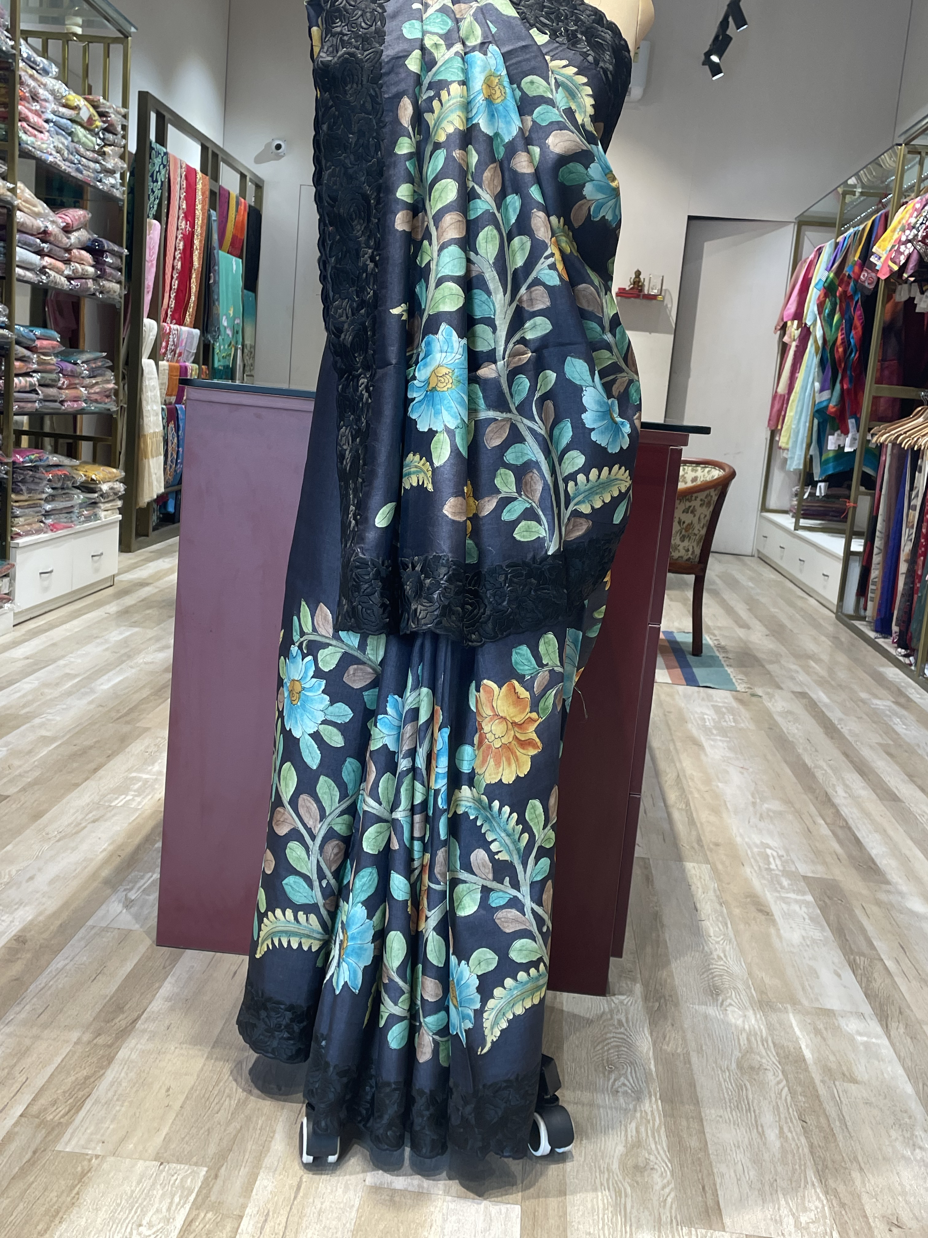 Pure tussar silk Kalamkari with Parsi work border saree