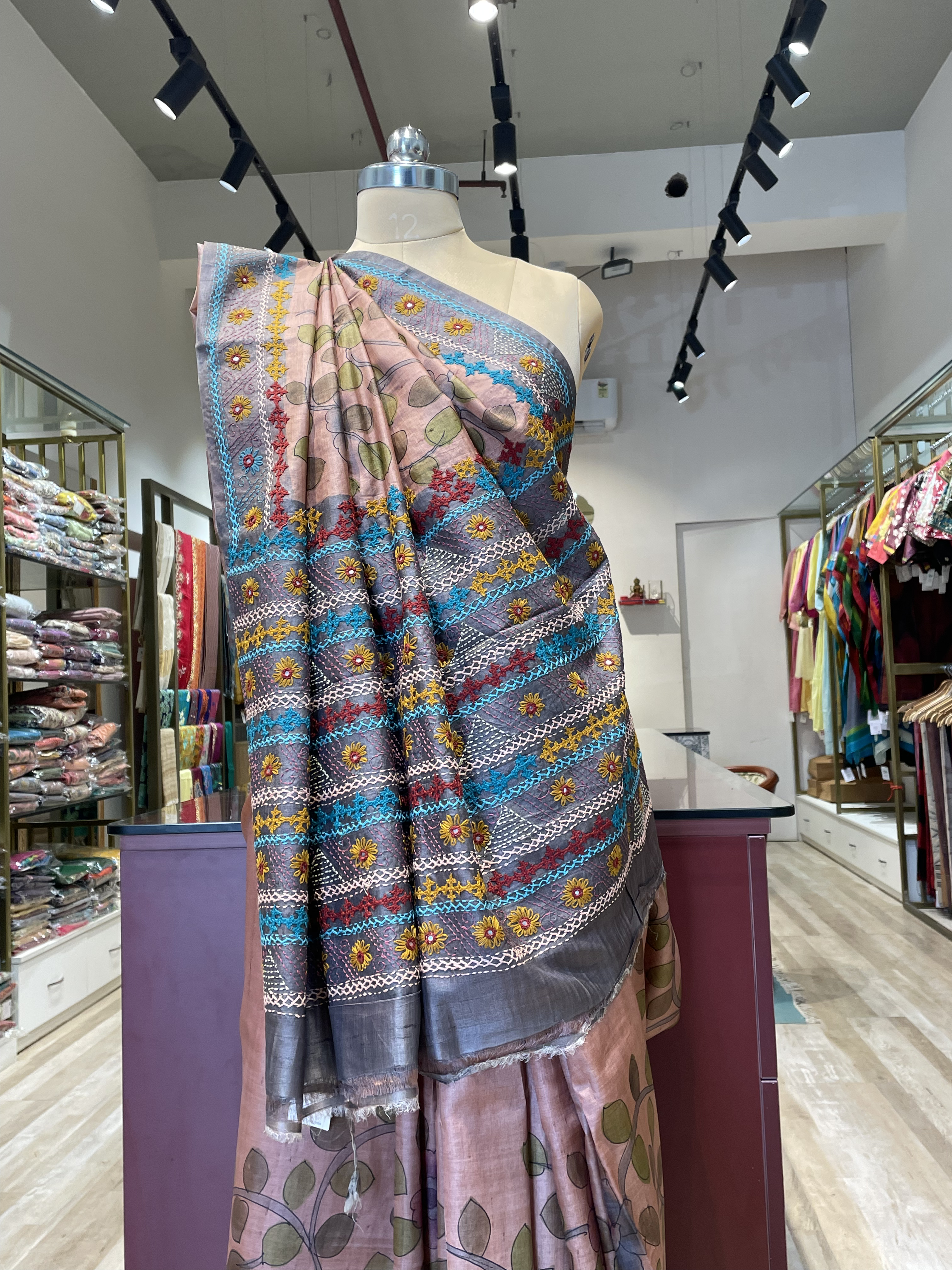 Pure Tussar Silk Kalamkari Saree with Lambani Work (CO)