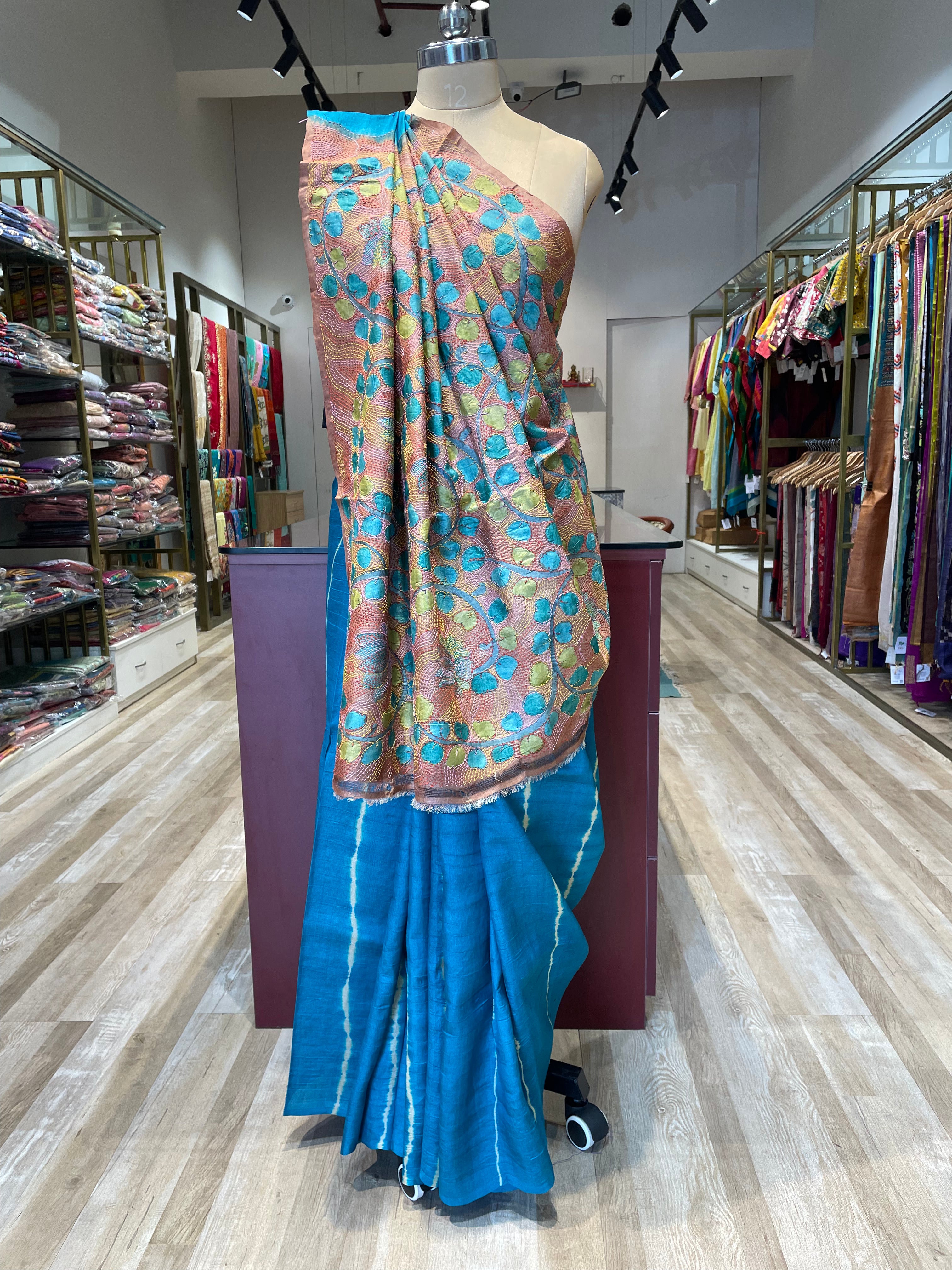 Pure tussar silk kalamkari with lehrya saree