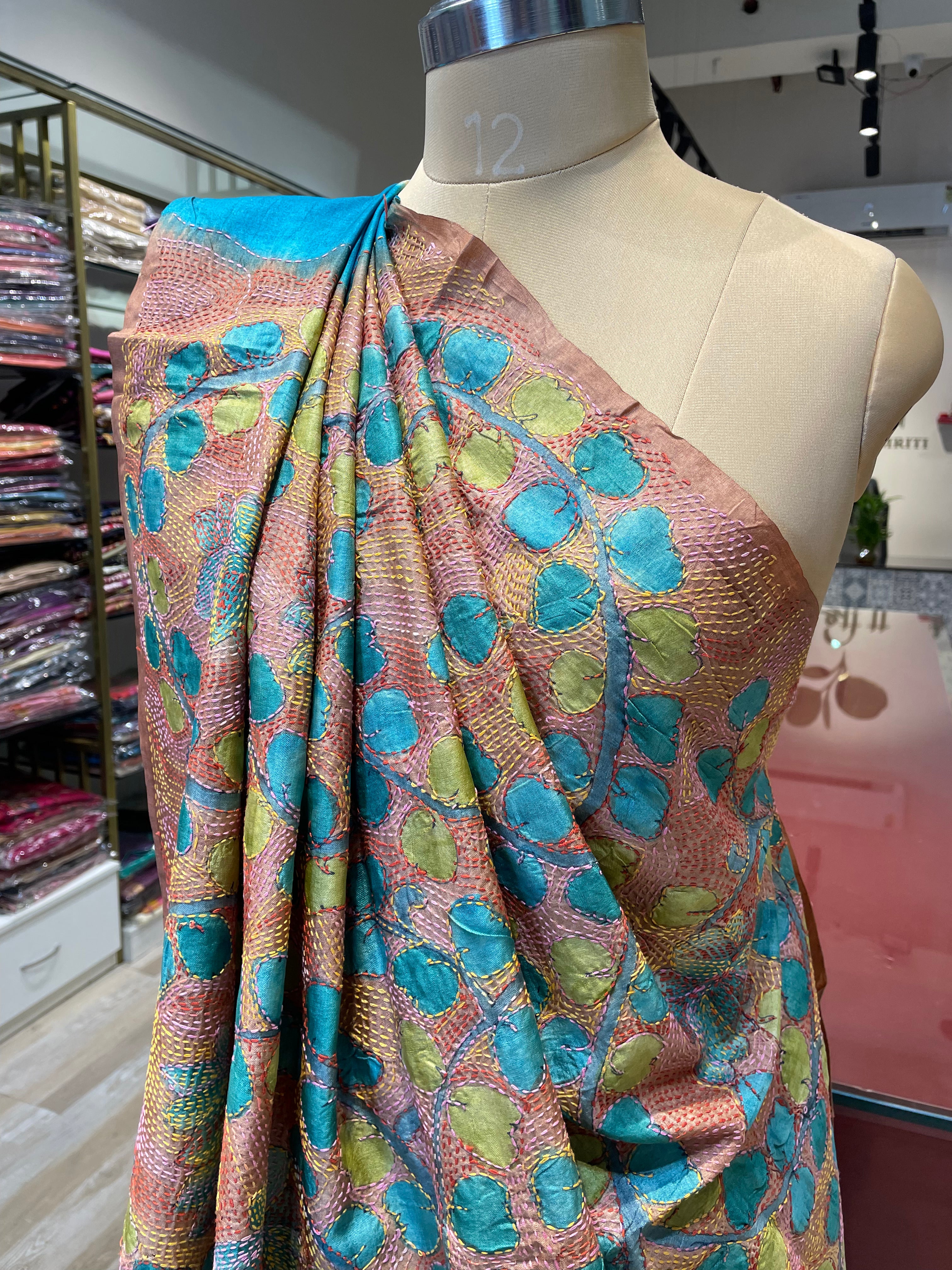 Pure tussar silk kalamkari with lehrya saree